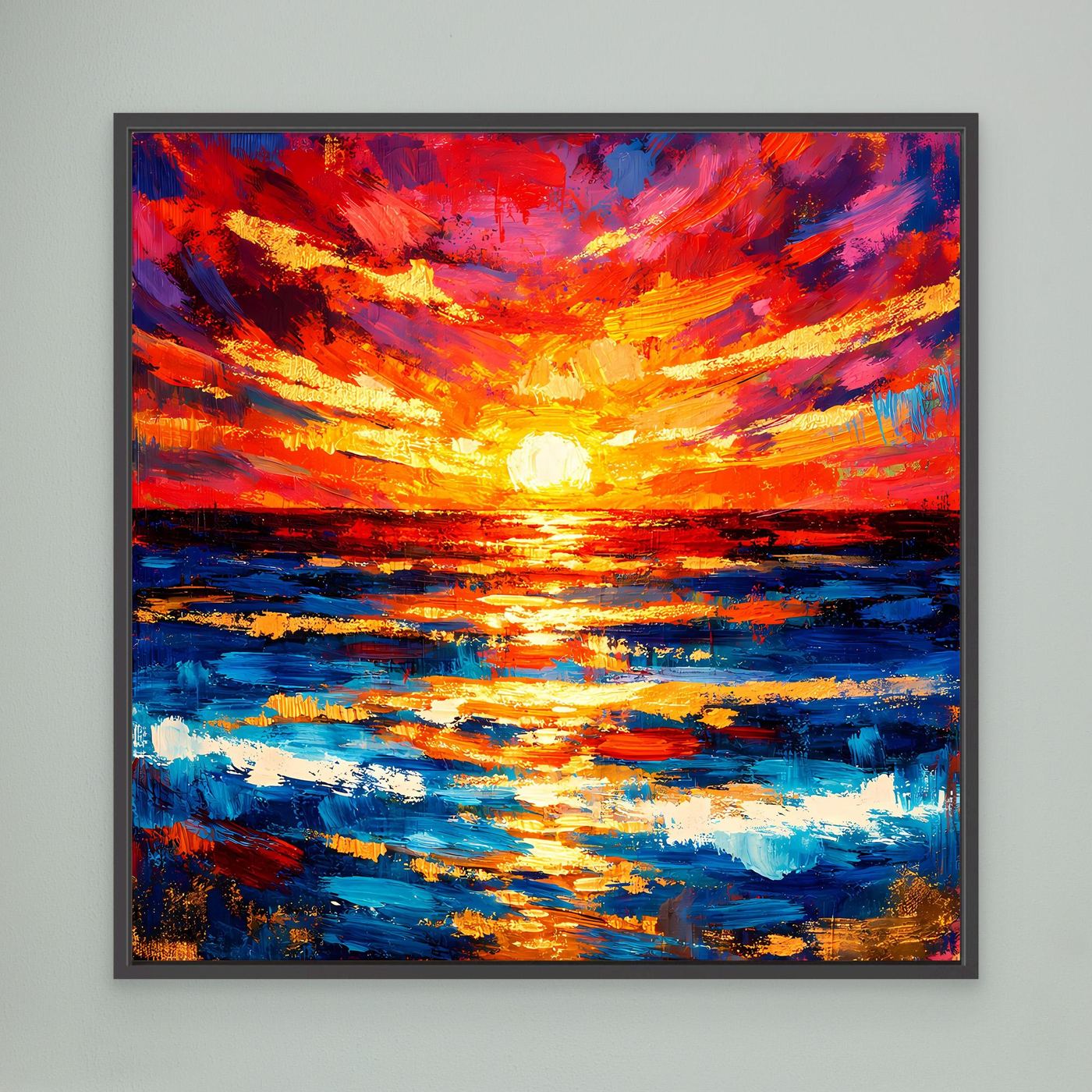 Leinwandbild mit abstrahiertem Sonnenuntergang über dem Meer, Sonnenball und Spiegelung, schwarzer Rahmen.