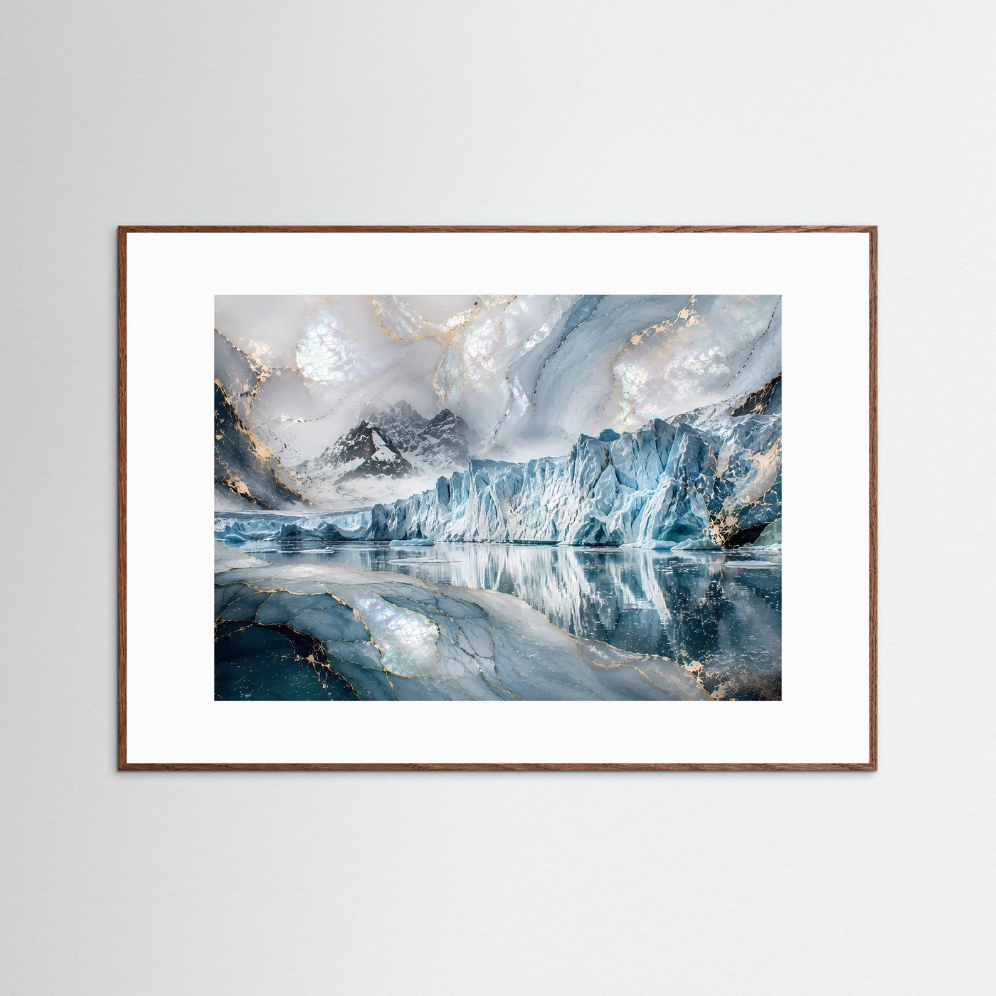 Poster mit Gletscherlandschaft im Querformat, Rahmen in Dunkelbraun