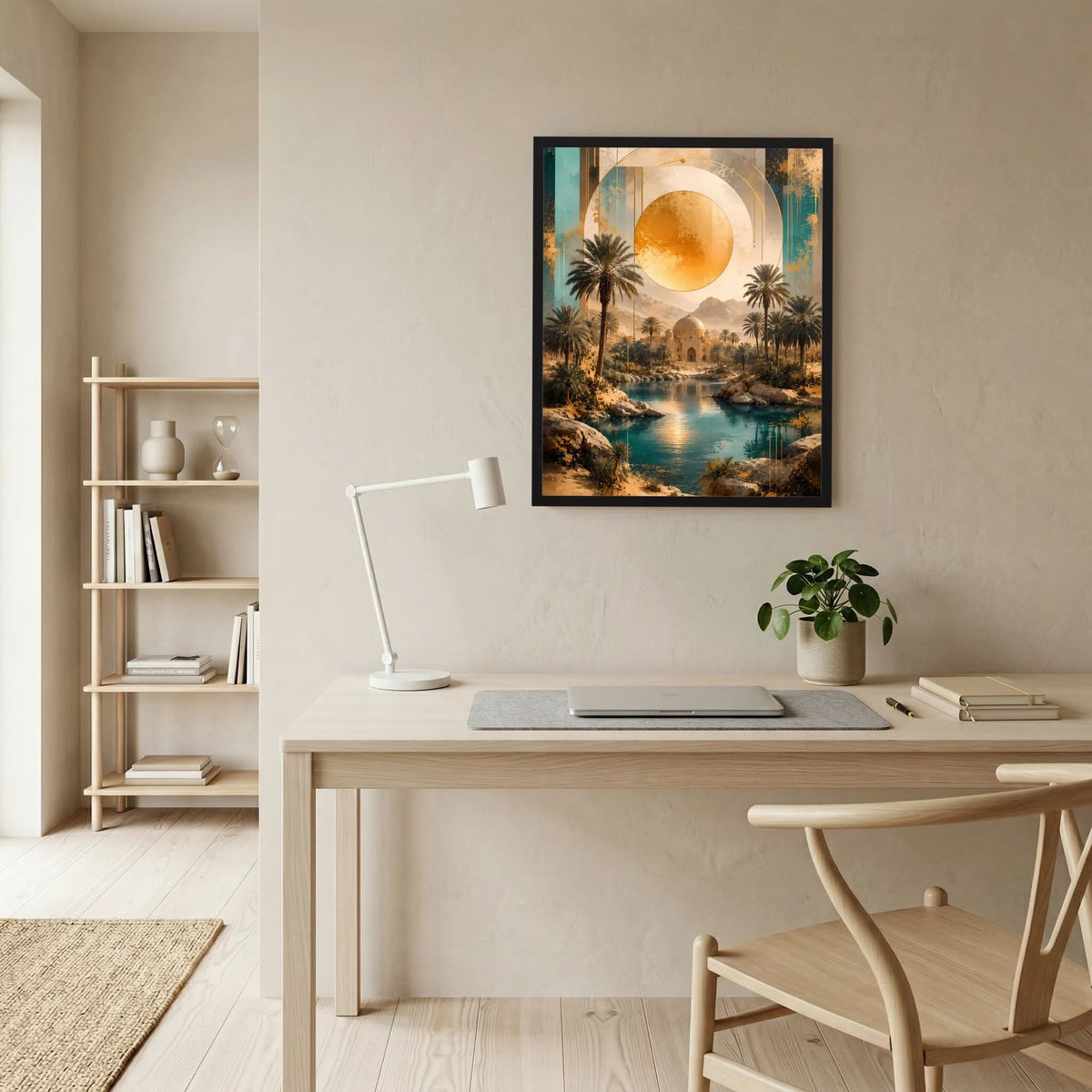 Hochformat-Poster mit goldener Sonne, Palmen und türkisfarbenem Oasensee