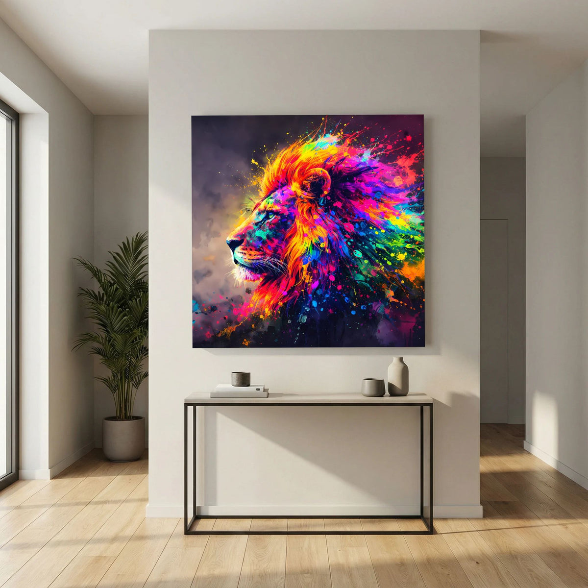 Quadratisches Leinwandbild auf Keilrahmen: farbiger Löwenkopf, bunte Spritzer im Pop-Art-Look.