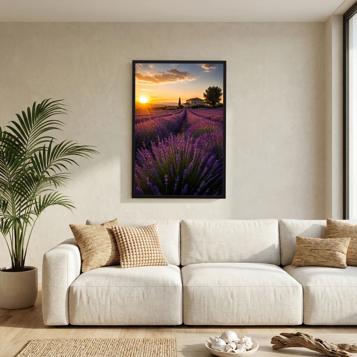 Kunstposter im Hochformat mit schwarzem Rahmen, Lavendelfeldlandschaft bei Sonnenuntergang