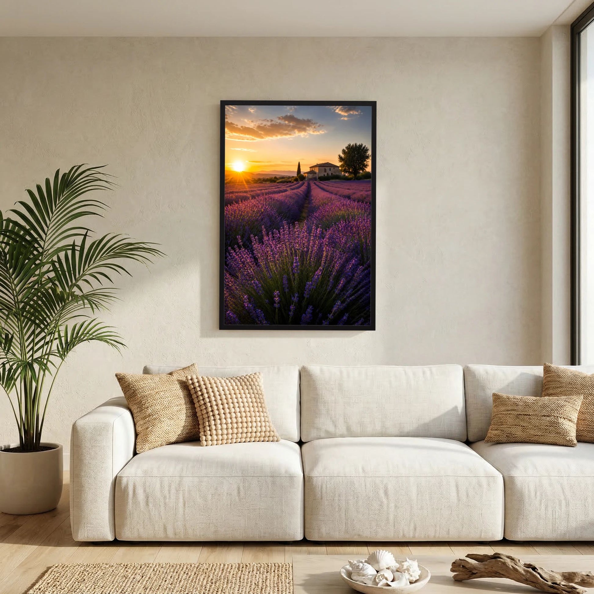 Kunstposter im Hochformat mit schwarzem Rahmen, Lavendelfeldlandschaft bei Sonnenuntergang