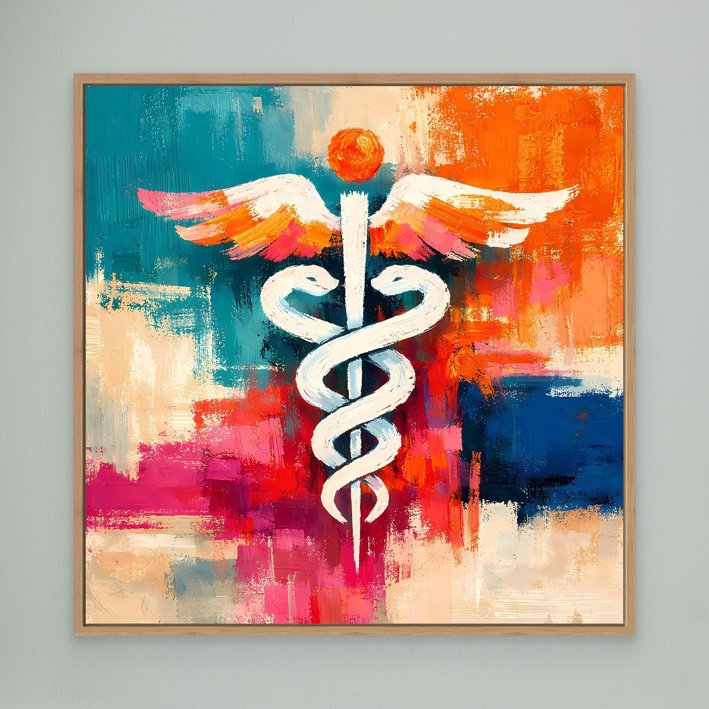 Abstract medical wall art with white caduceus and wings in a light oak frame