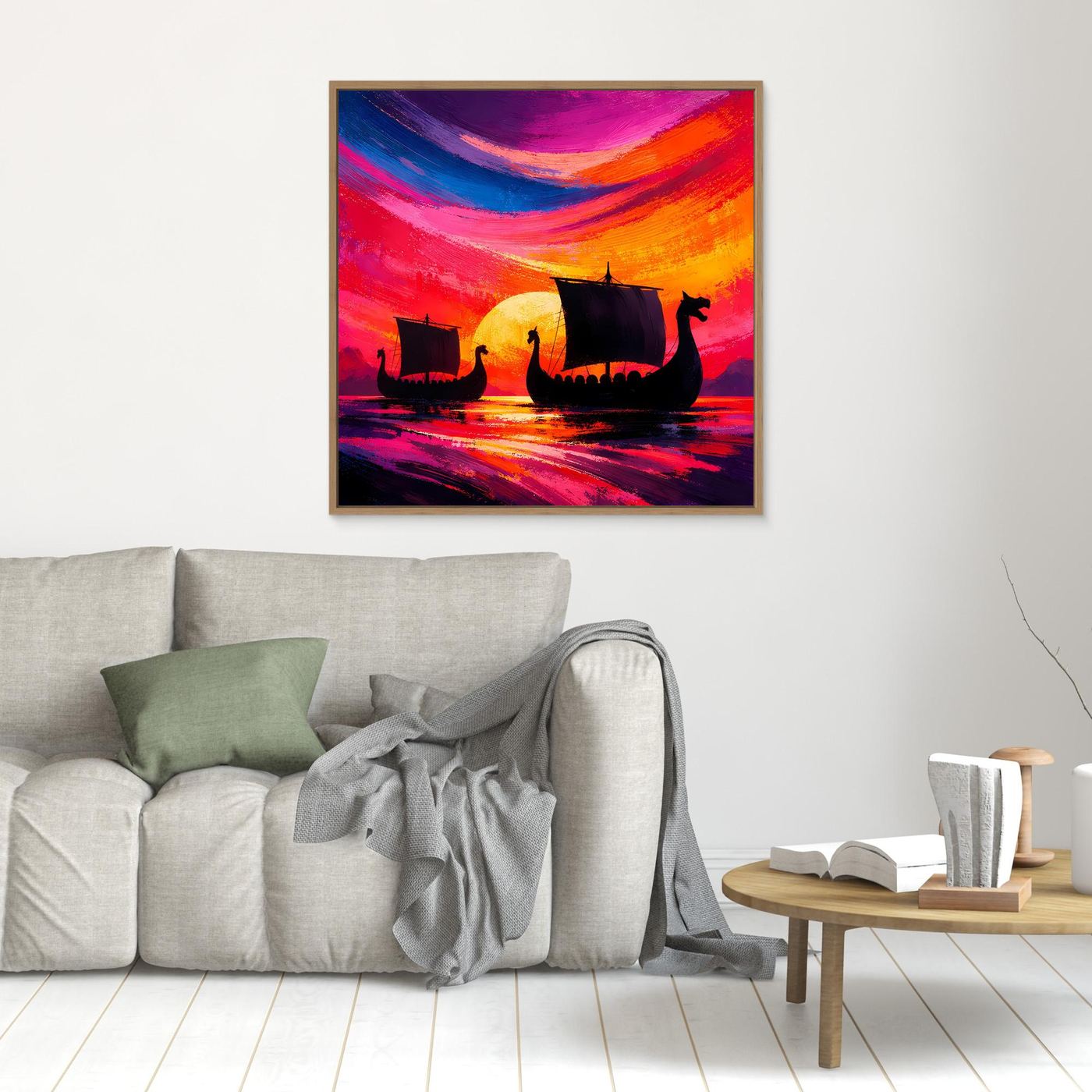 Gerahmtes Leinwand-Wandbild mit Wikingerbooten und Sonnenuntergangsfarben, mit Holzrahmen