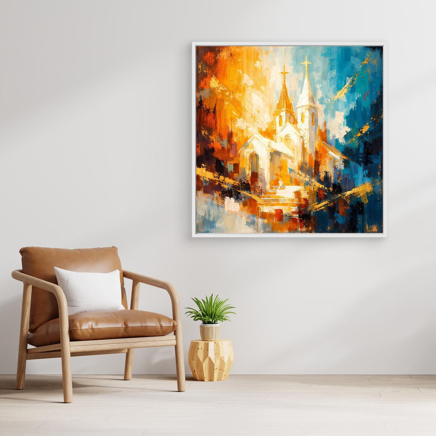 Leinwandbild mit dunklem Rahmen, abstrakte Kirchenansicht in Orange-, Blau- und Weißtönen