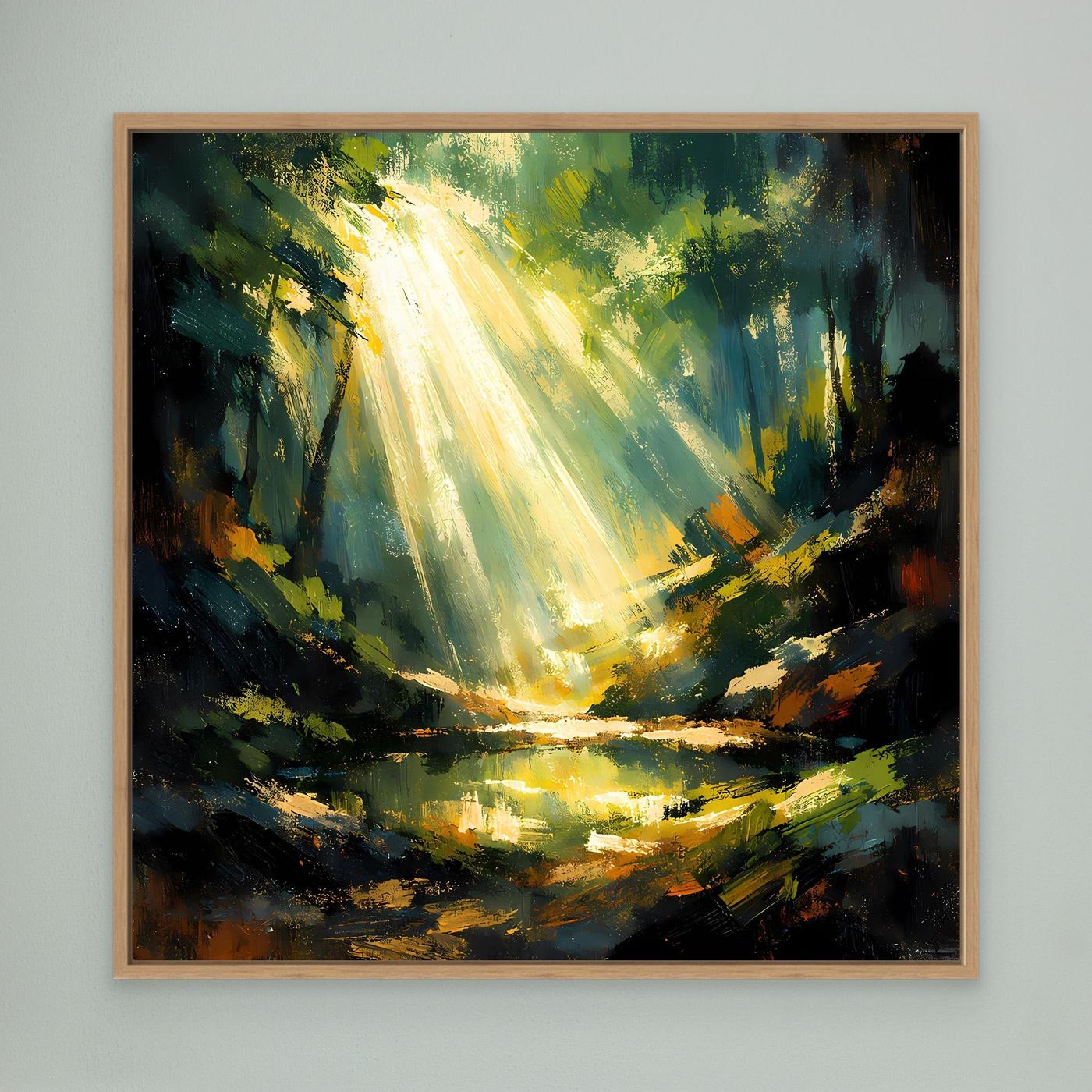 Leinwandbild: goldene Lichtstrahlen im Wald über Teich, mit Holzrahmen