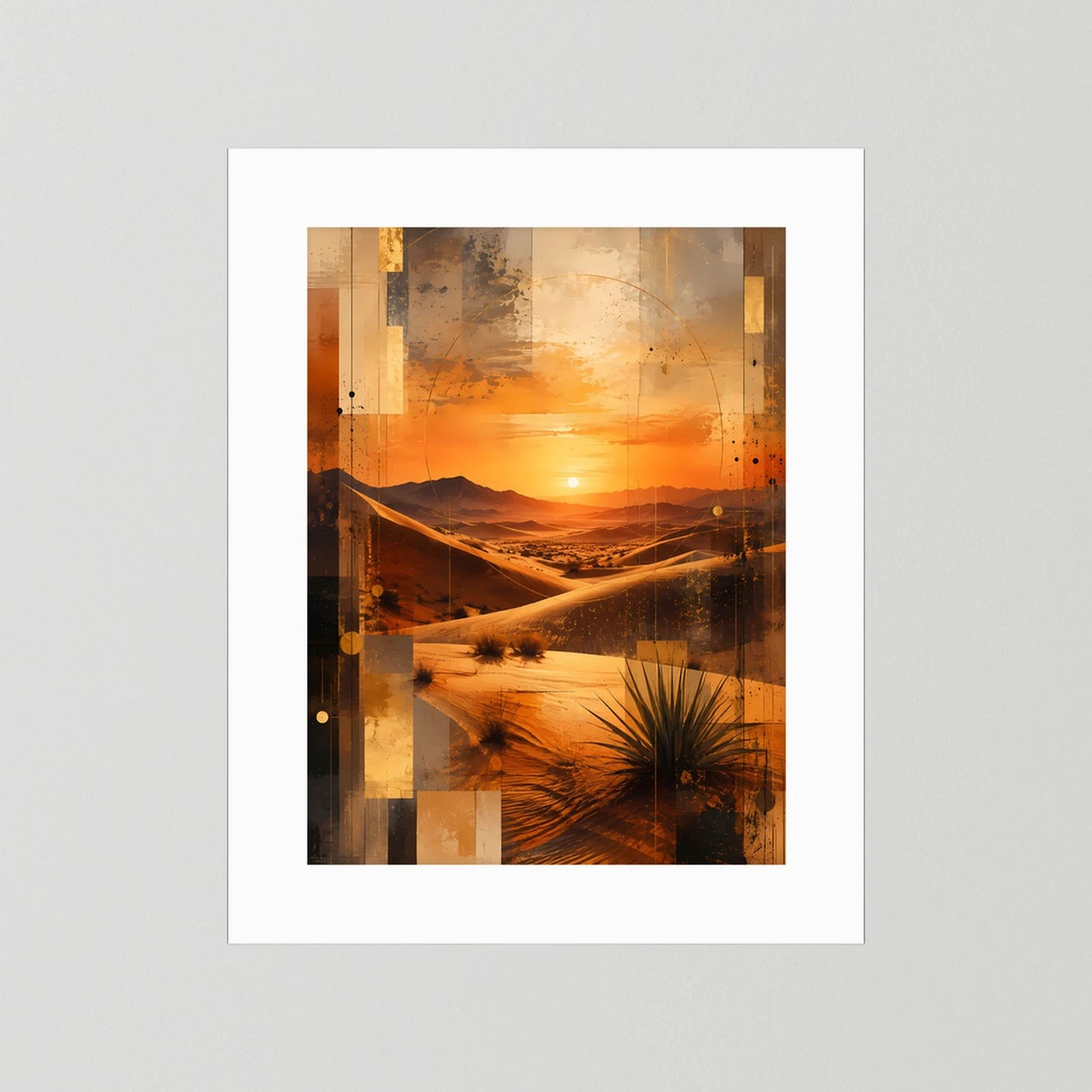 Wüstenlandschafts-Poster, Hochformat; orange-schwarze Dünenillustration ohne Rahmen