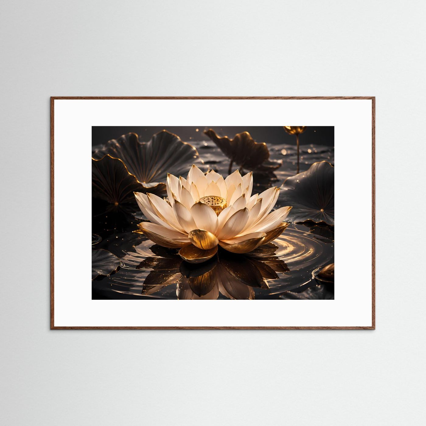 Edle Lotosblüte im goldenen Wasser | Spirituelle Kunst & Zen Poster Querformat