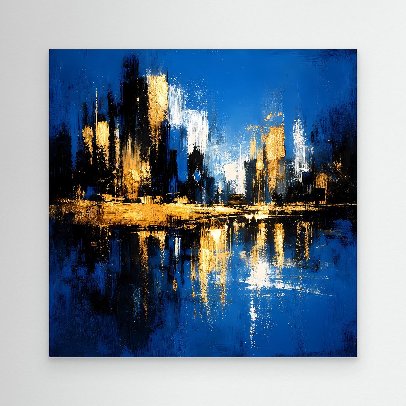Leinwand Abstrakte Skyline in Blau und Gold | Modernes Großstadt Wandbild mit Spiegelung