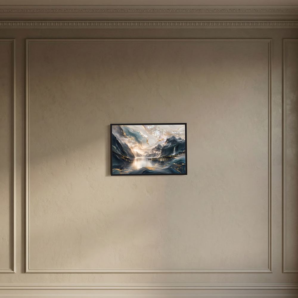Kleines Wandposter mit abstrakter Gebirgslandschaft, Wasser und Goldlicht, schwarzer Rahmen