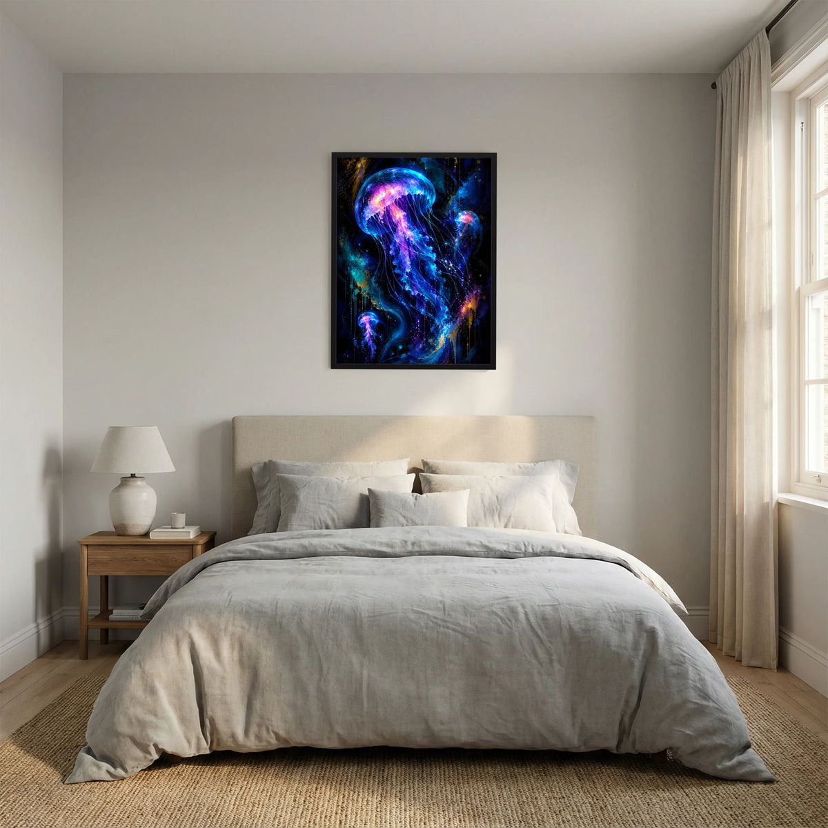 Wandposter mit leuchtenden Quallen in Neonblau und Violett, eingebettet in schwarzen Rahmen