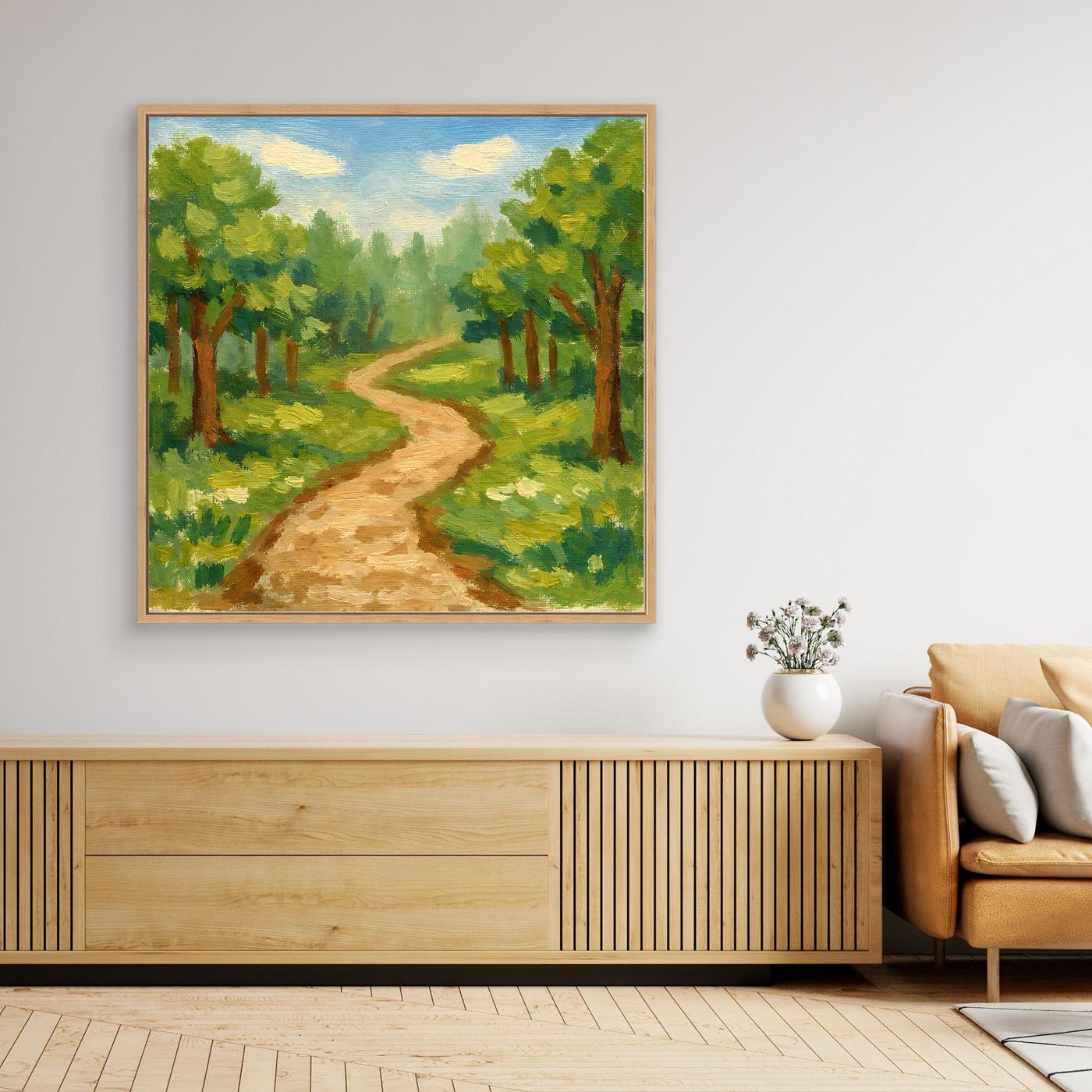 Leinwandbild mit impressionistischem Waldweg im Grünen, brauner Rahmen