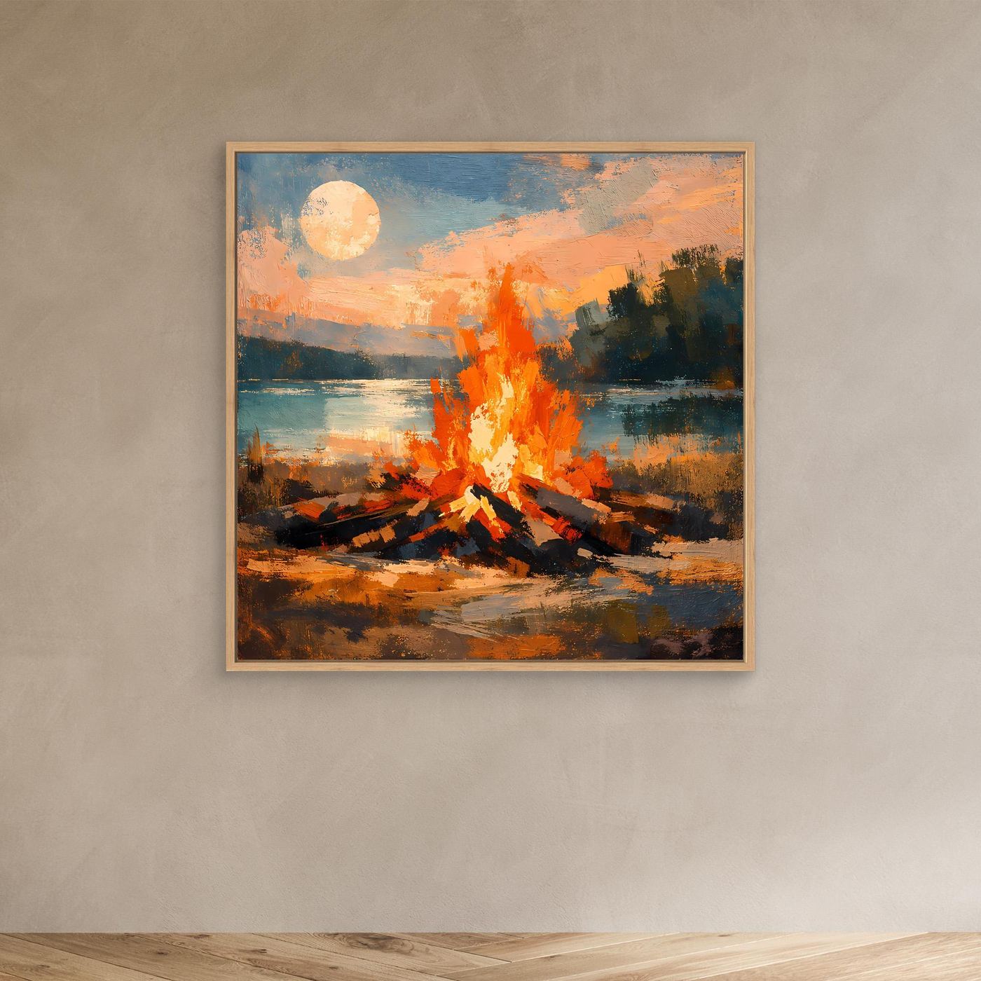 Leinwand-Wandbild mit Lagerfeuer am See im hellen Holzrahmen