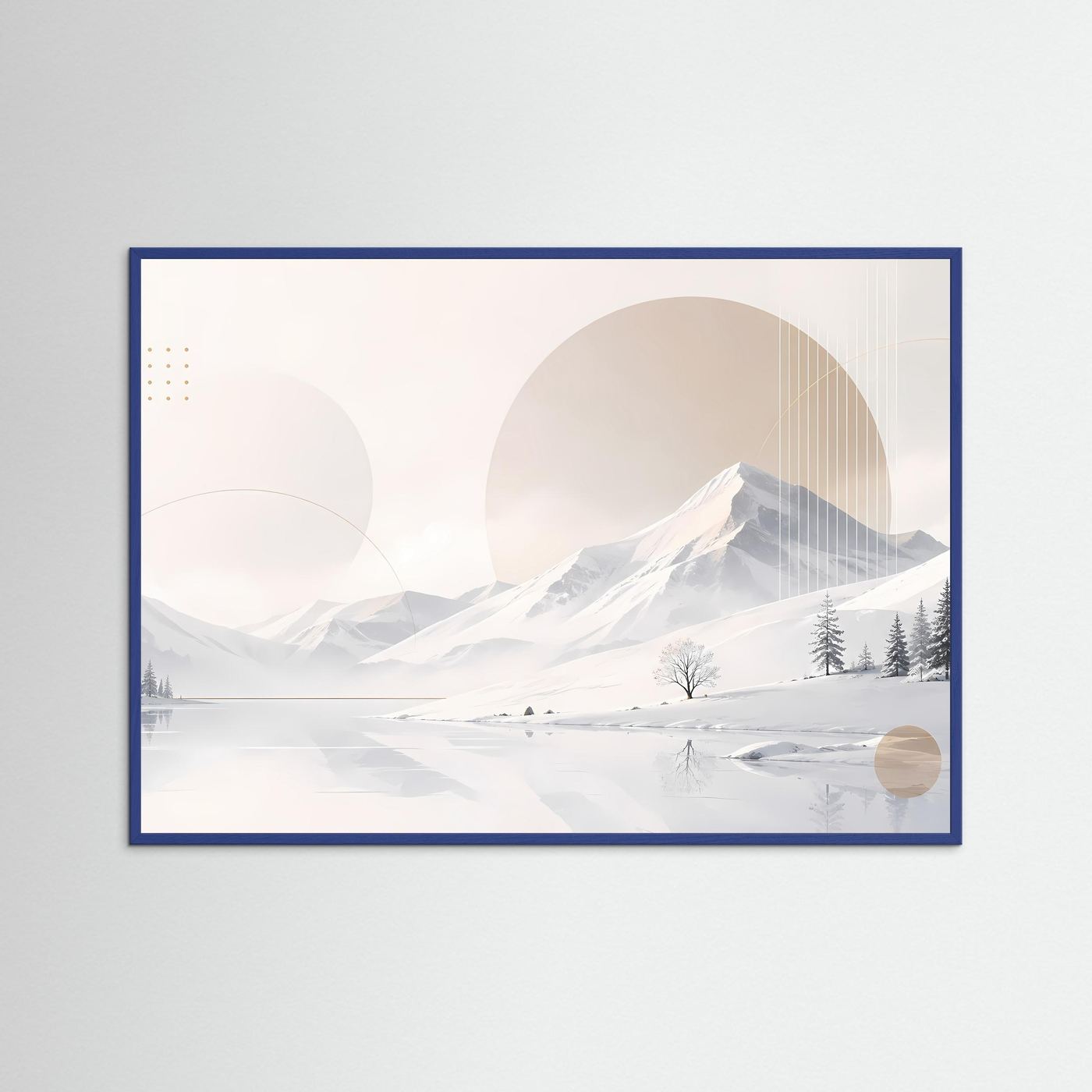 Poster im Querformat mit winterlicher Berglandschaft, blauer Holzrahmen, Weiß-Beige