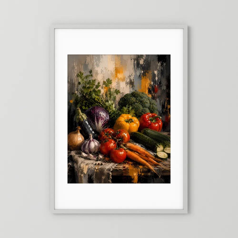 Poster Hochformat mit Gemüse-Stillleben, weißer Rahmen mit Passepartout