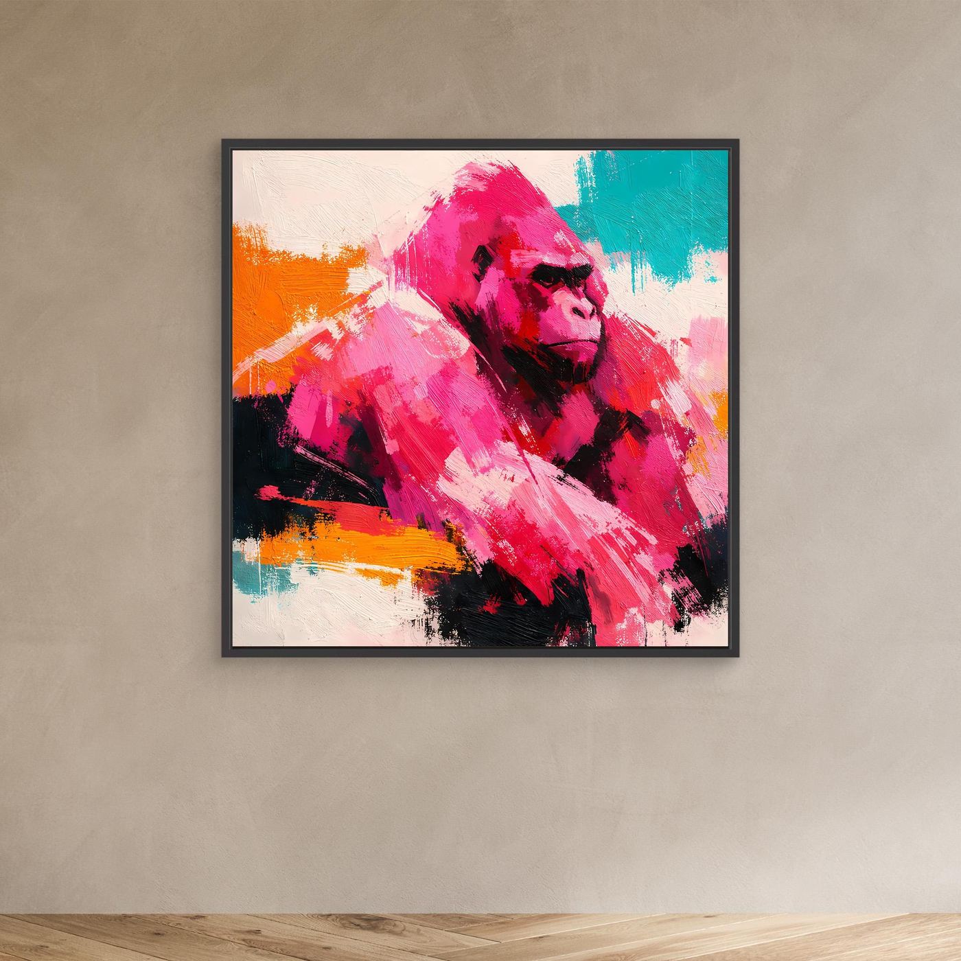 Abstraktes Gorilla-Pop-Art-Leinwandbild im schwarzen Rahmen mit Pink-, Orange- und Türkisfarben
