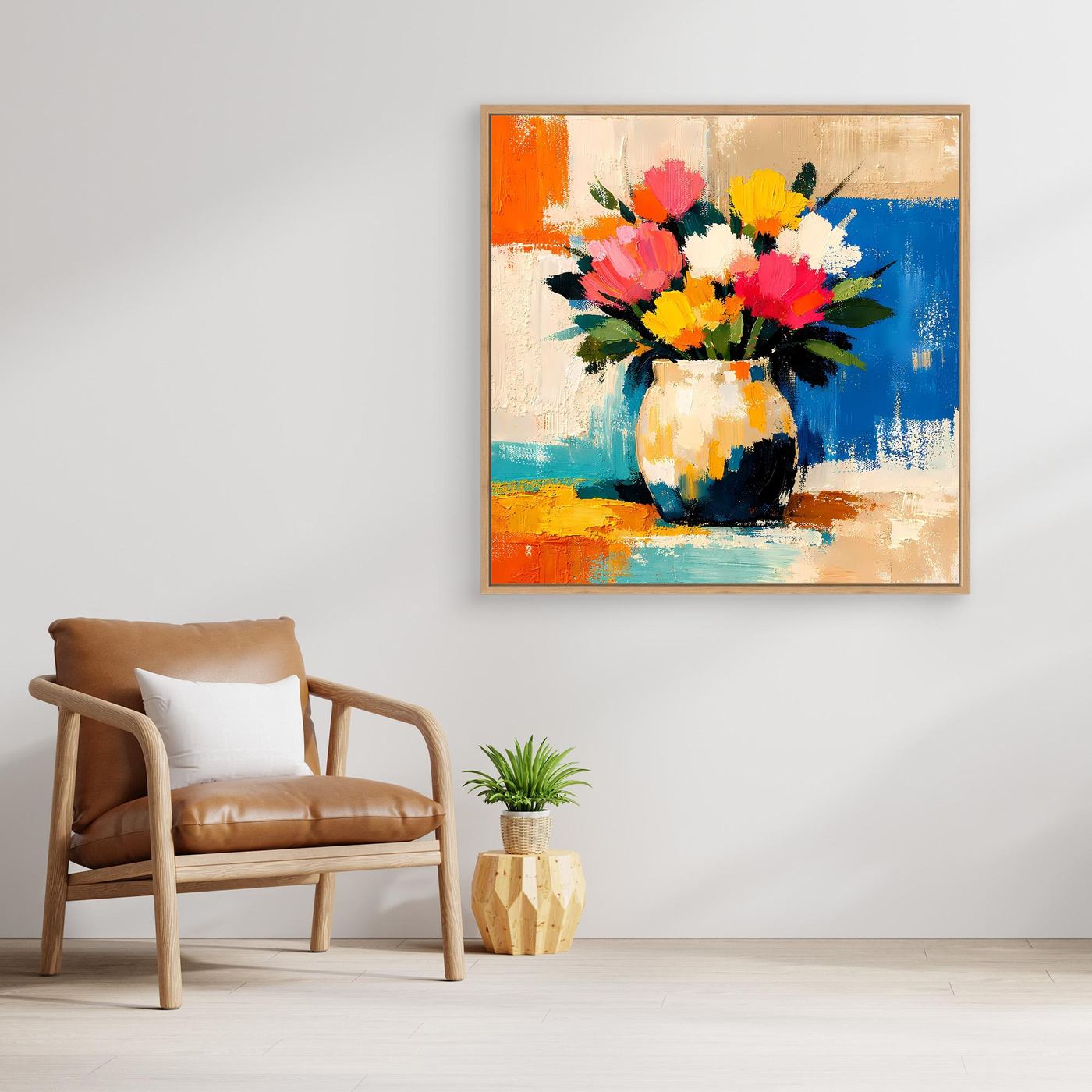 Framed wall art canvas featuring a colorful bouquet in a white vase, oak frame