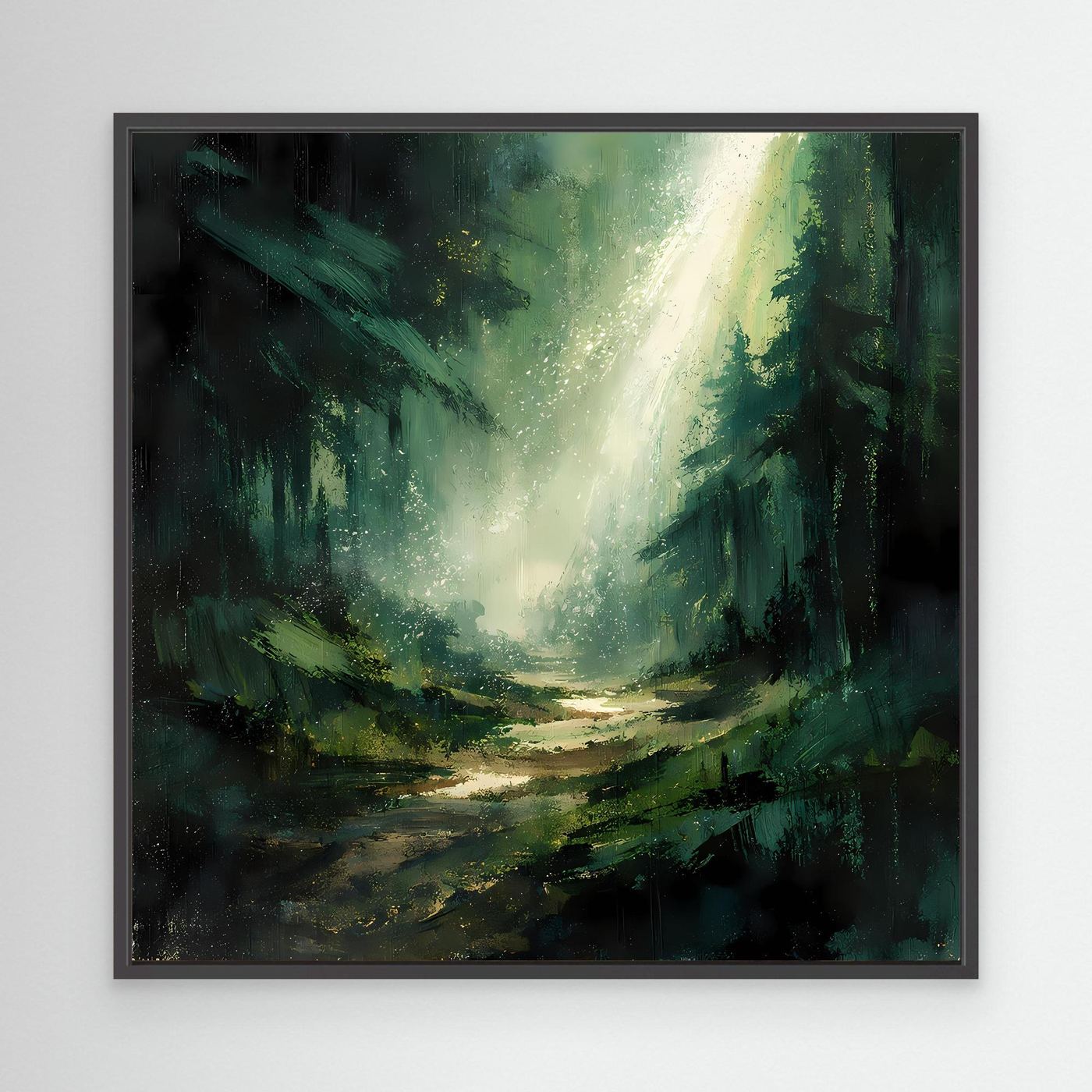 Leinwand Magischer Lichtstrahl im Wald | Abstraktes Tannenwald Wandbild Grün