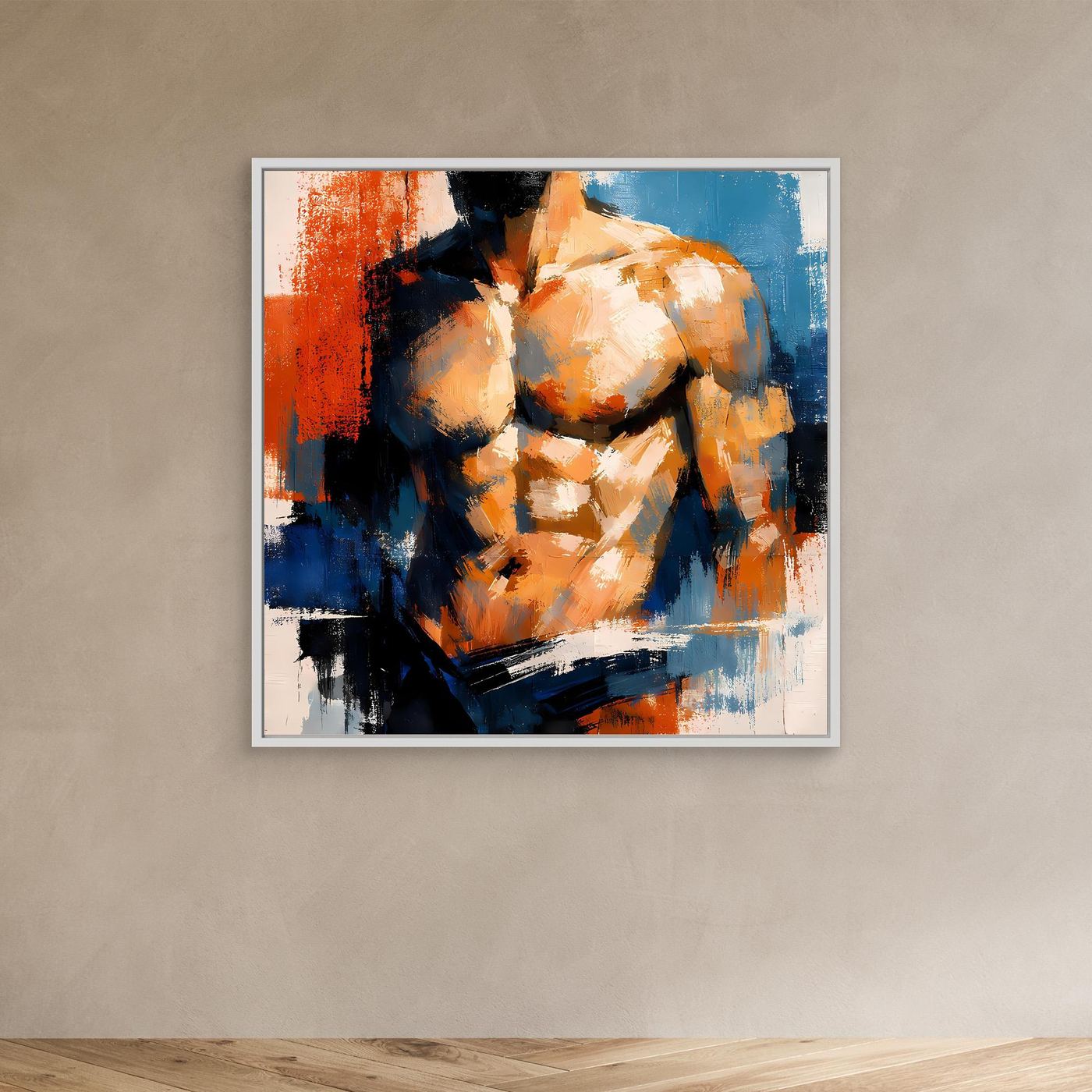 Athletic male torso canvas wall art with white frame, blue orange and black abstract strokes