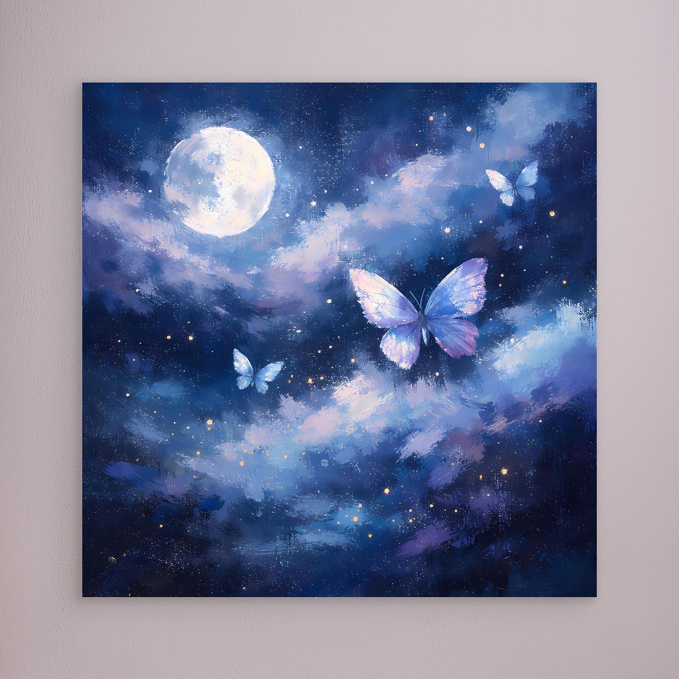 Leinwand-Wandbild mit Mond, Wolken und Schmetterlingen im Sternenhimmel, ohne sichtbaren Rahmen