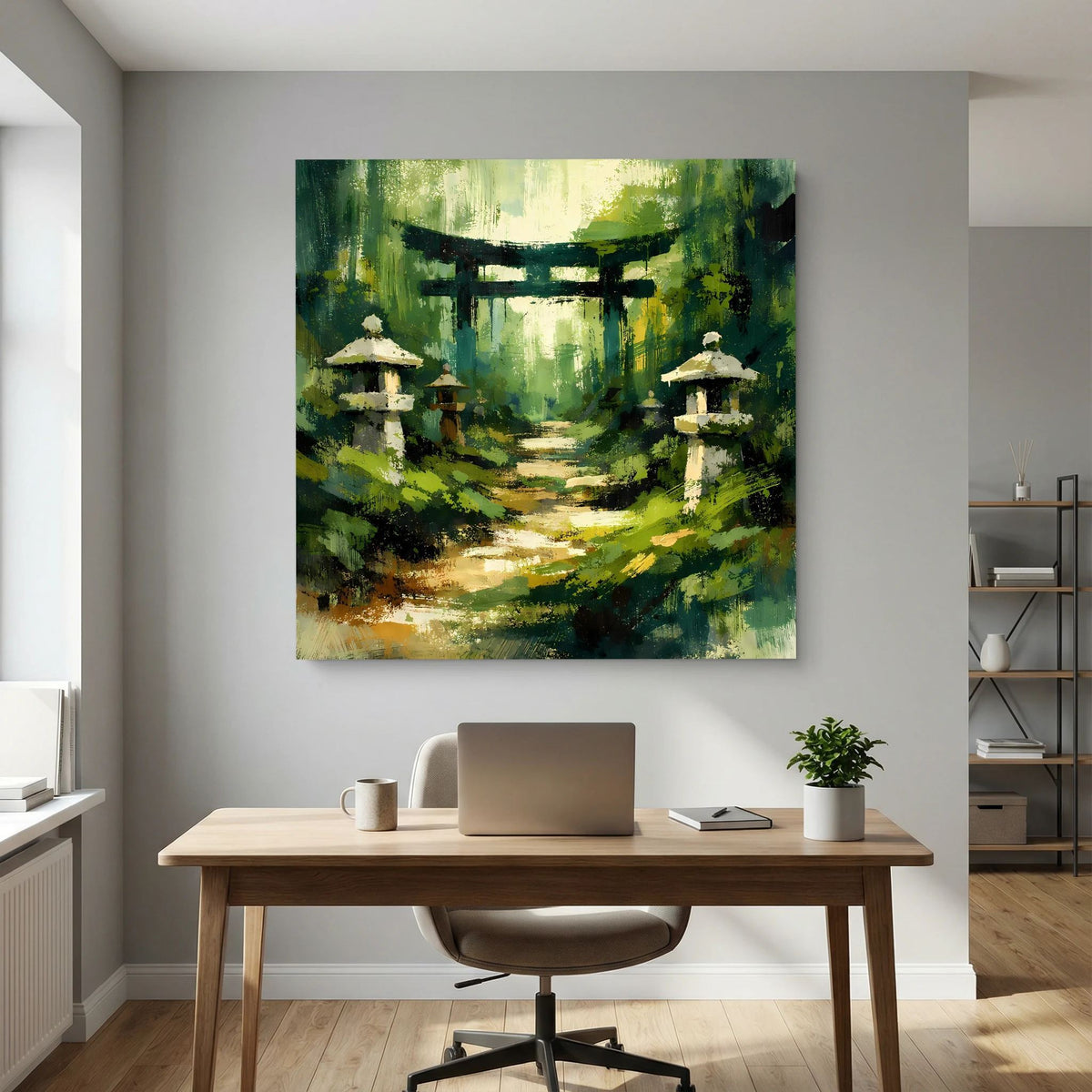 Wandbild auf Leinwand: goldener Waldpfad unter Torii-Tor, umgeben von Grün