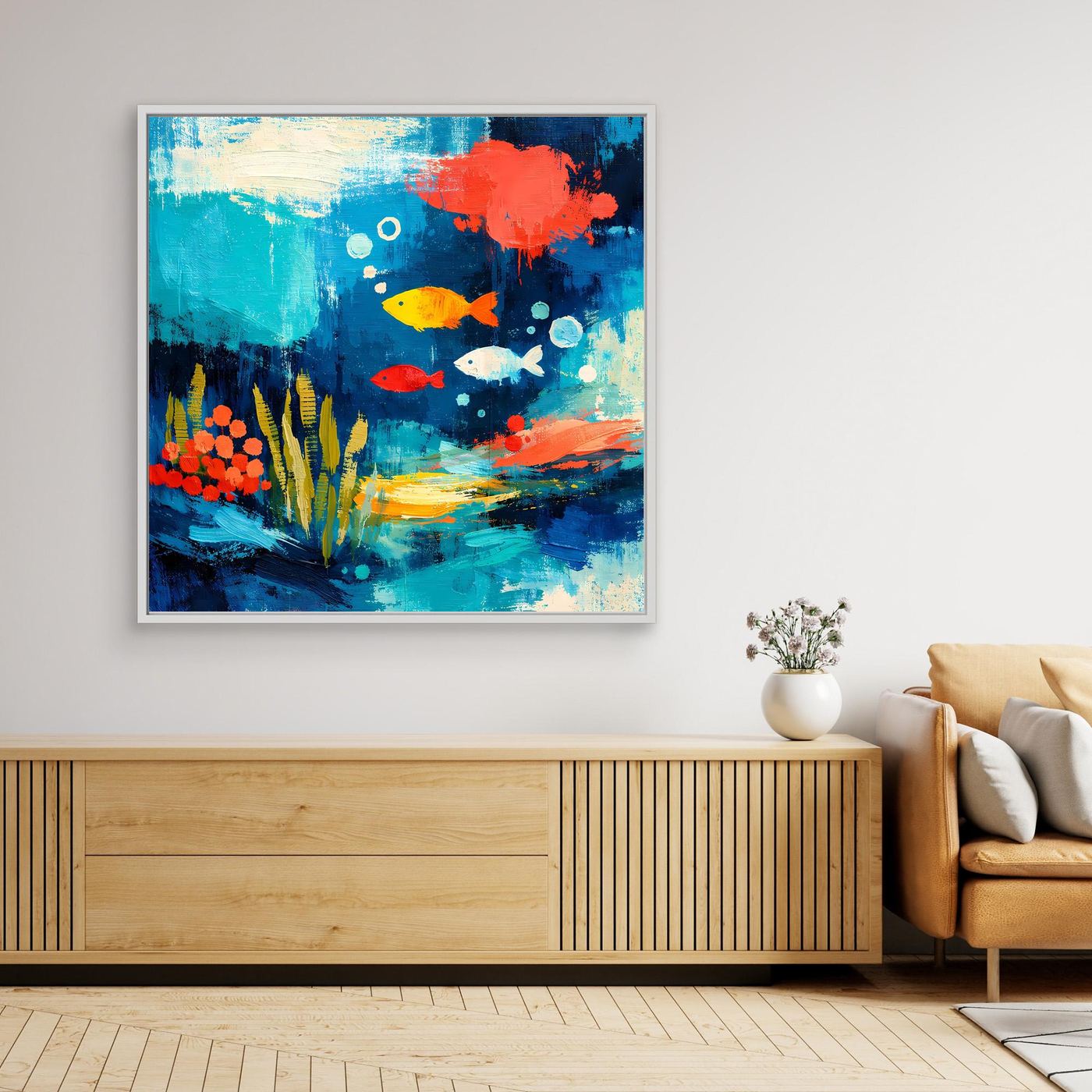 Framed abstract underwater wall art with colorful fish and coral, light frame