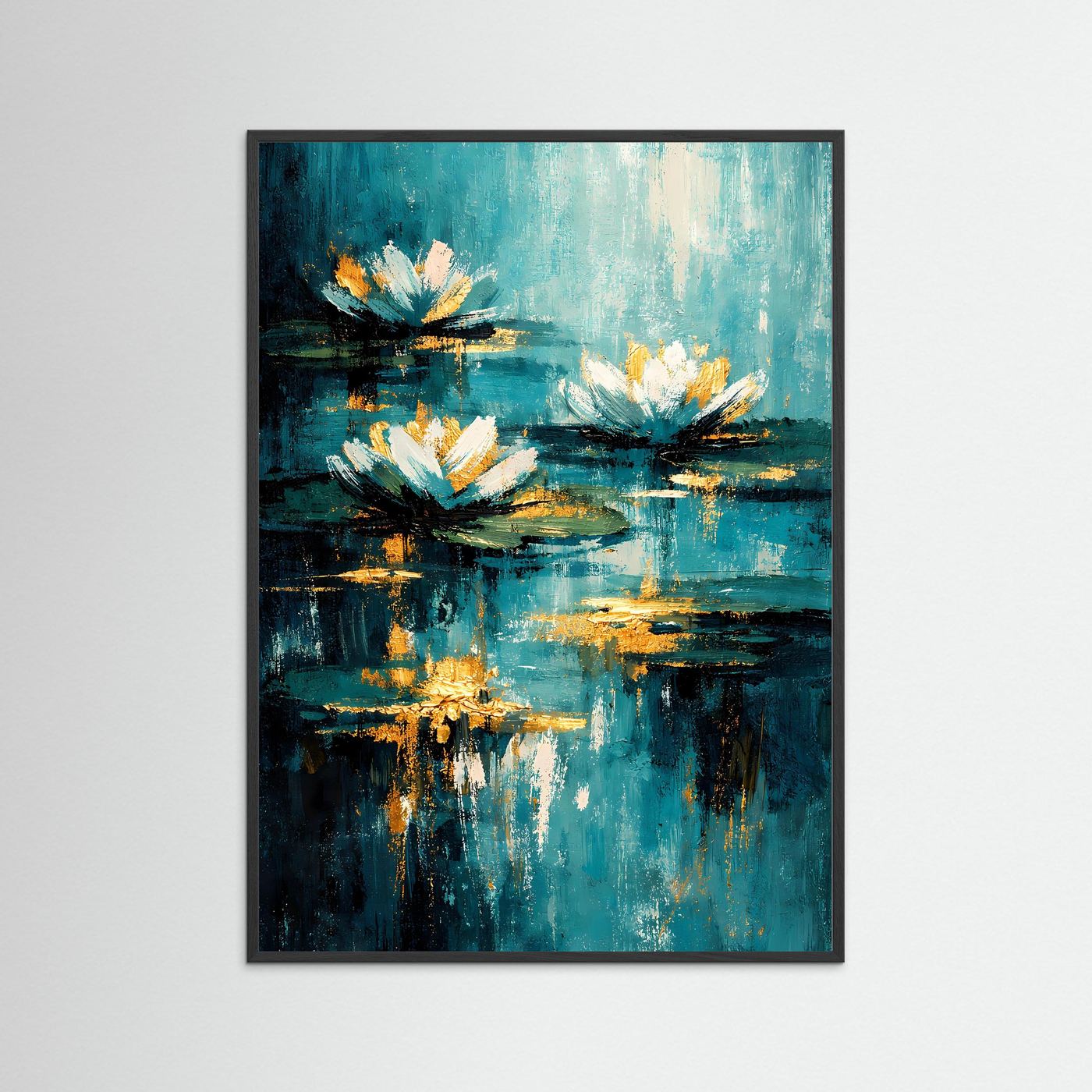 Wandbild mit Seerosen auf blauem Teich, abstrakte Pinseloptik, im schwarzen Rahmen