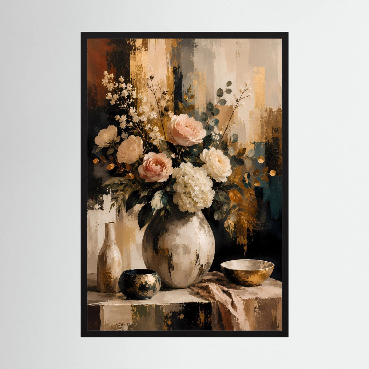 Hochformatiges Blumenstillleben-Poster mit Rosen und Hortensien im schwarzen Rahmen