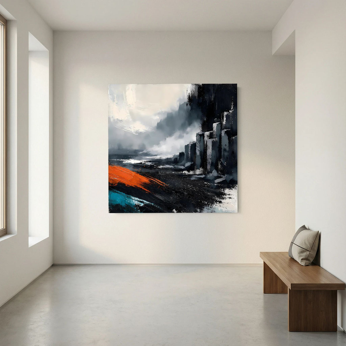 Leinwand Abstraktes Basaltsäulen Gemälde | Modernes Isländisches Vulkan Wandbild Schwarz Orange