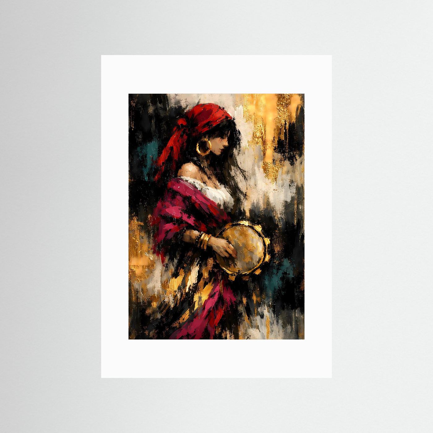 Porträt-Kunstposter (Hochformat) mit weißem Passepartout: Frau mit rotem Kopftuch und Tamburin