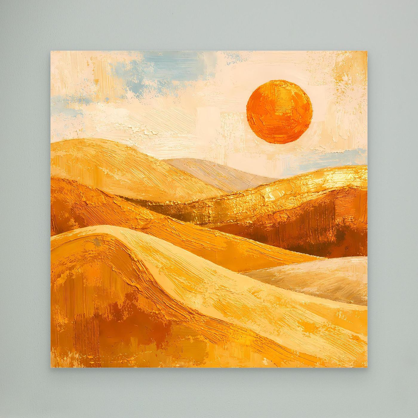 Abstraktes Leinwand-Wandbild ohne Rahmen: goldene Wüstenlandschaft mit orangefarbener Sonne
