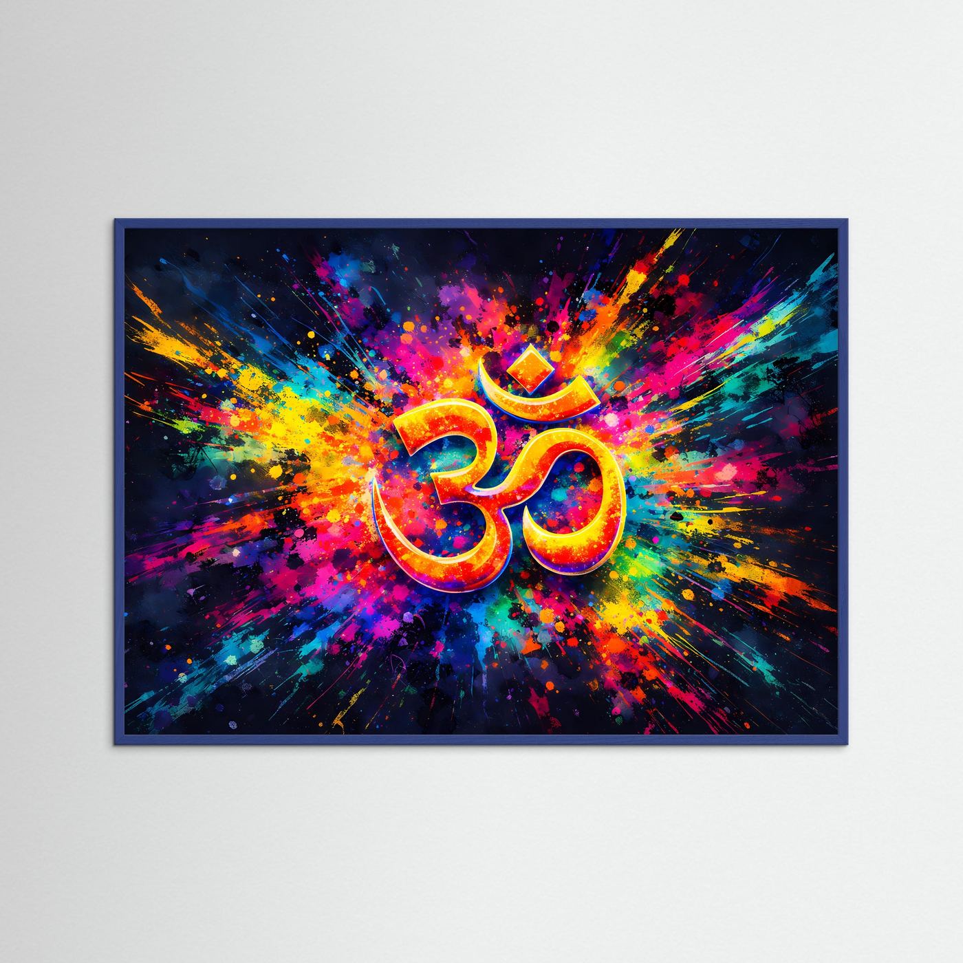 Om-Symbol-Poster im Farbwirbel, querformat, blauer Rahmen
