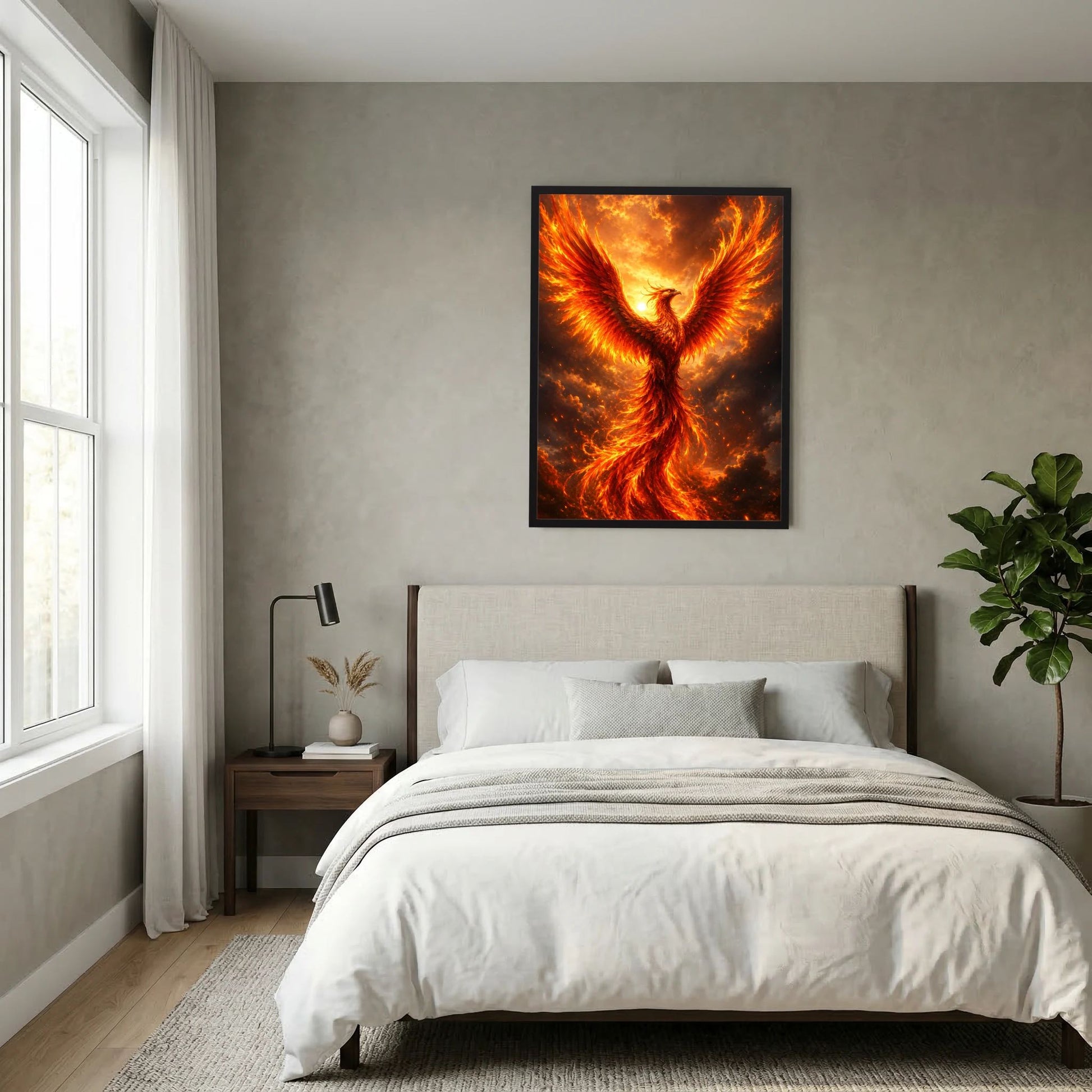 Quadratisches Wandposter mit Phönix in Flammen, goldene und orange Farben