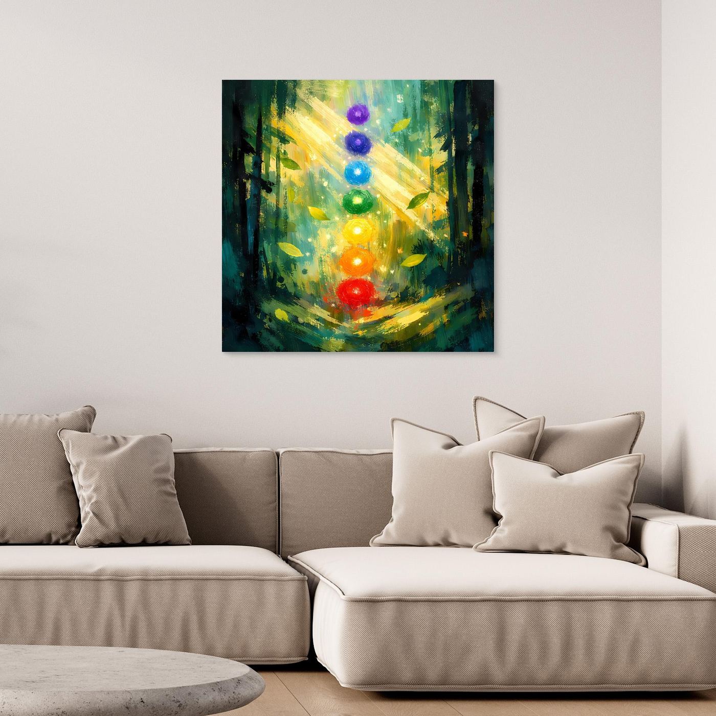 Wandbild auf Leinwand: bunter Chakra-Lichtpunkt in hellem Wald mit Regenbogenfahnen