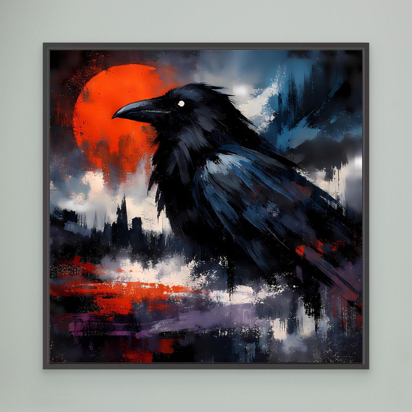 Leinwand-Wandbild mit schwarzem Raben, rotem Vollmond und dunklem Nebel, schwarz gerahmt