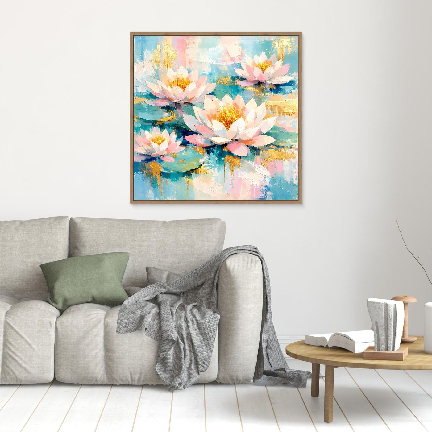 Quadratisches Leinwandbild mit goldbraunem Rahmen: Seerosen in Rosa und Blau