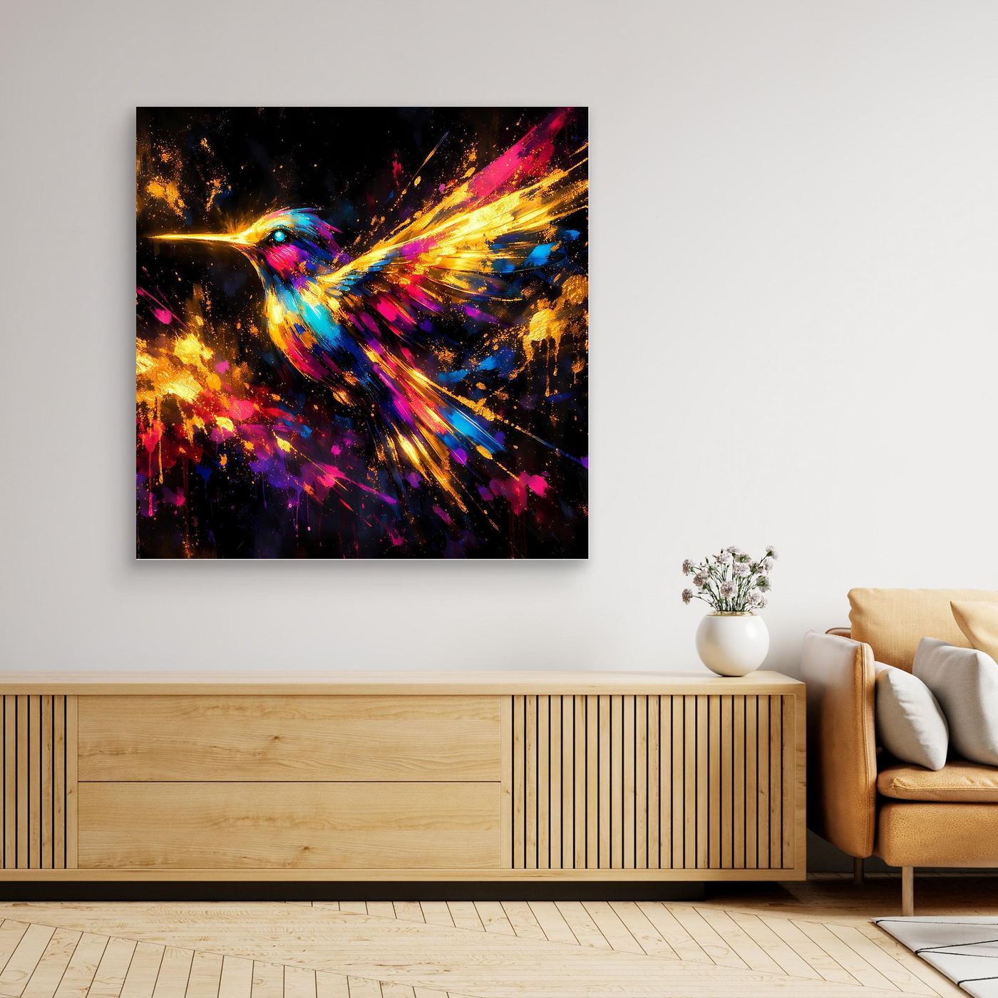 Leinwand Farbenfroher Kolibri im Flug | Abstraktes Modernes Wandbild Bunt