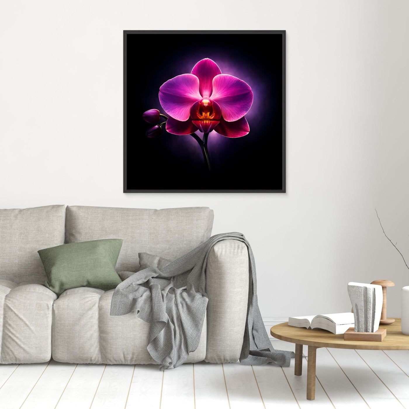 Leinwandbild mit Orchidee, pinkfarben, im schwarzen Rahmen