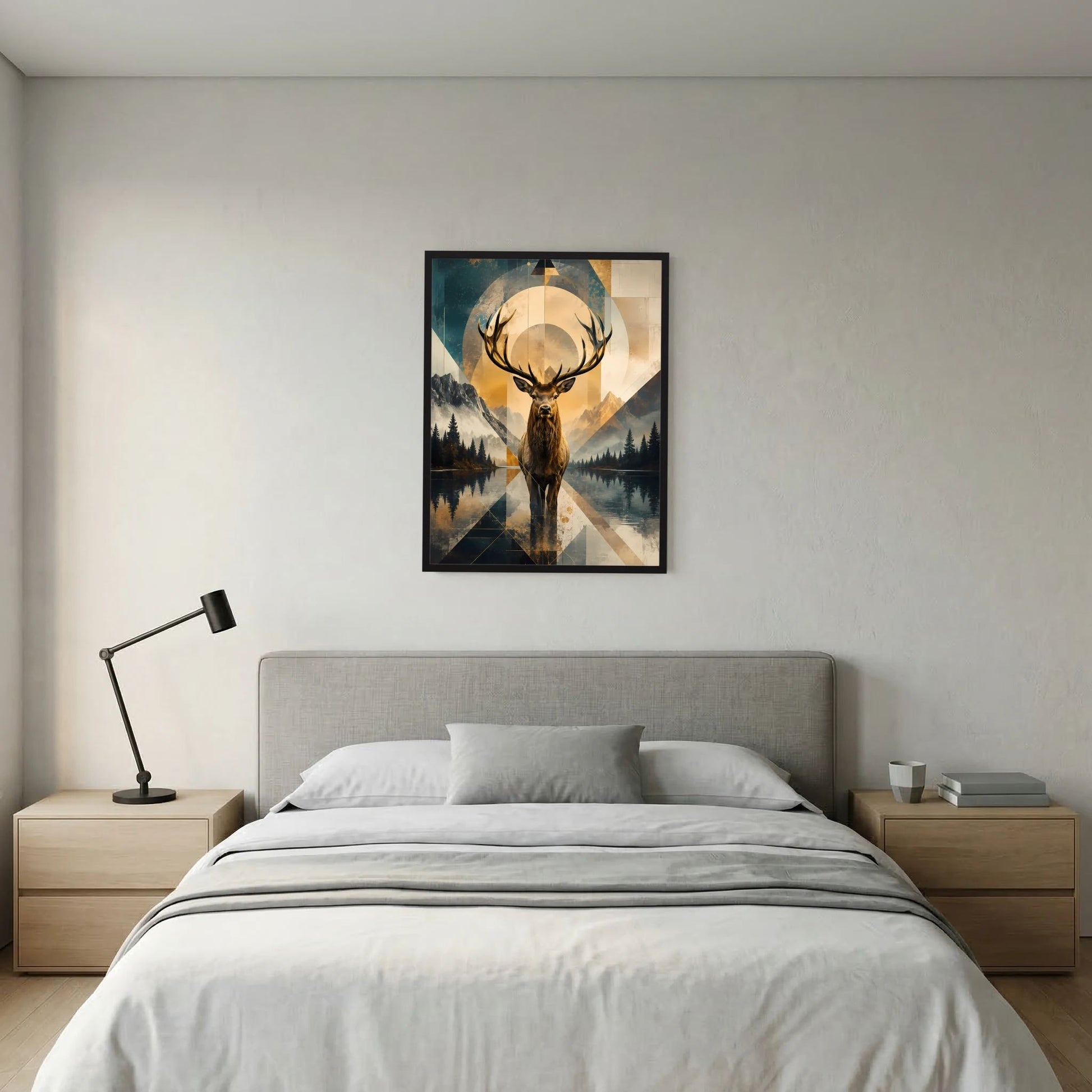 Hochformatiges Poster mit Hirsch im goldfarbenen Kreis und Berglandschaft, schwarzer Rahmen