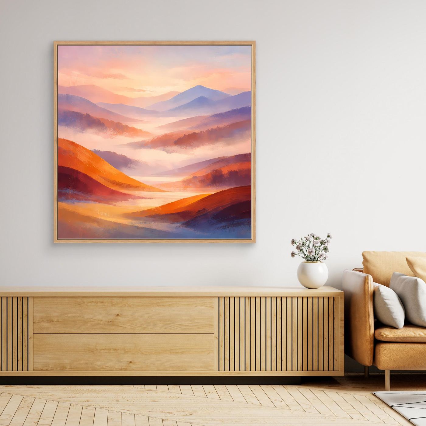 Leinwandbild Berglandschaft im Pastell, heller Holzrahmen