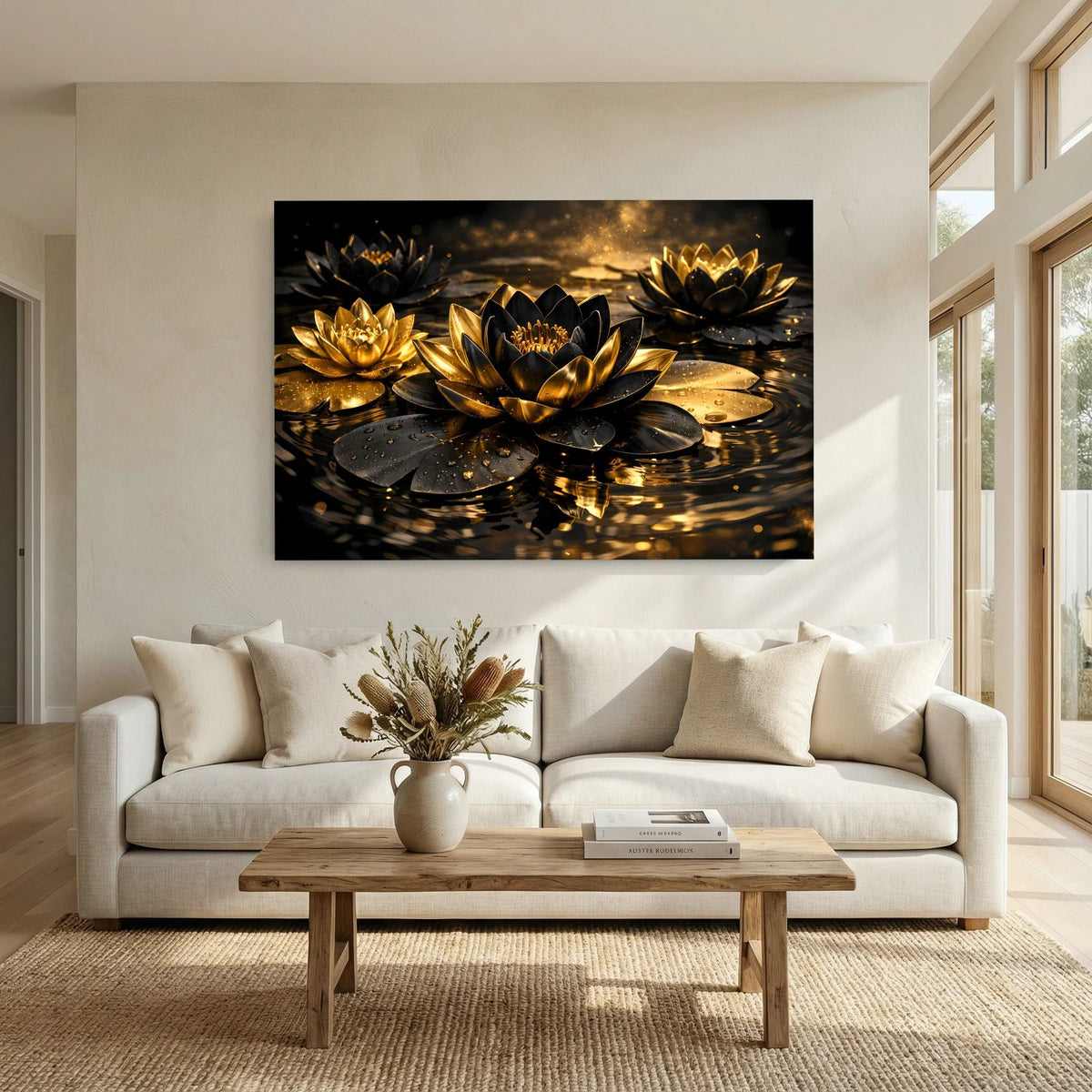 Wandbild im Querformat mit goldenen Lotusblüten, schwarzen Blättern und Wasserreflexion