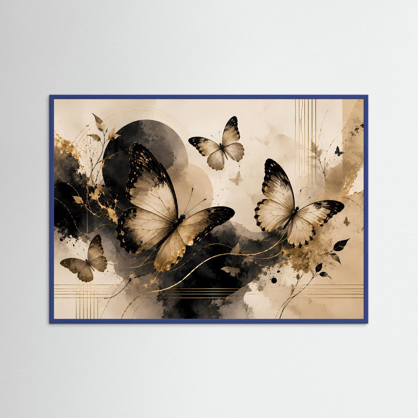 Gerahmtes Querformat-Poster mit abstrakten Schmetterlingen, Rahmen in Blau