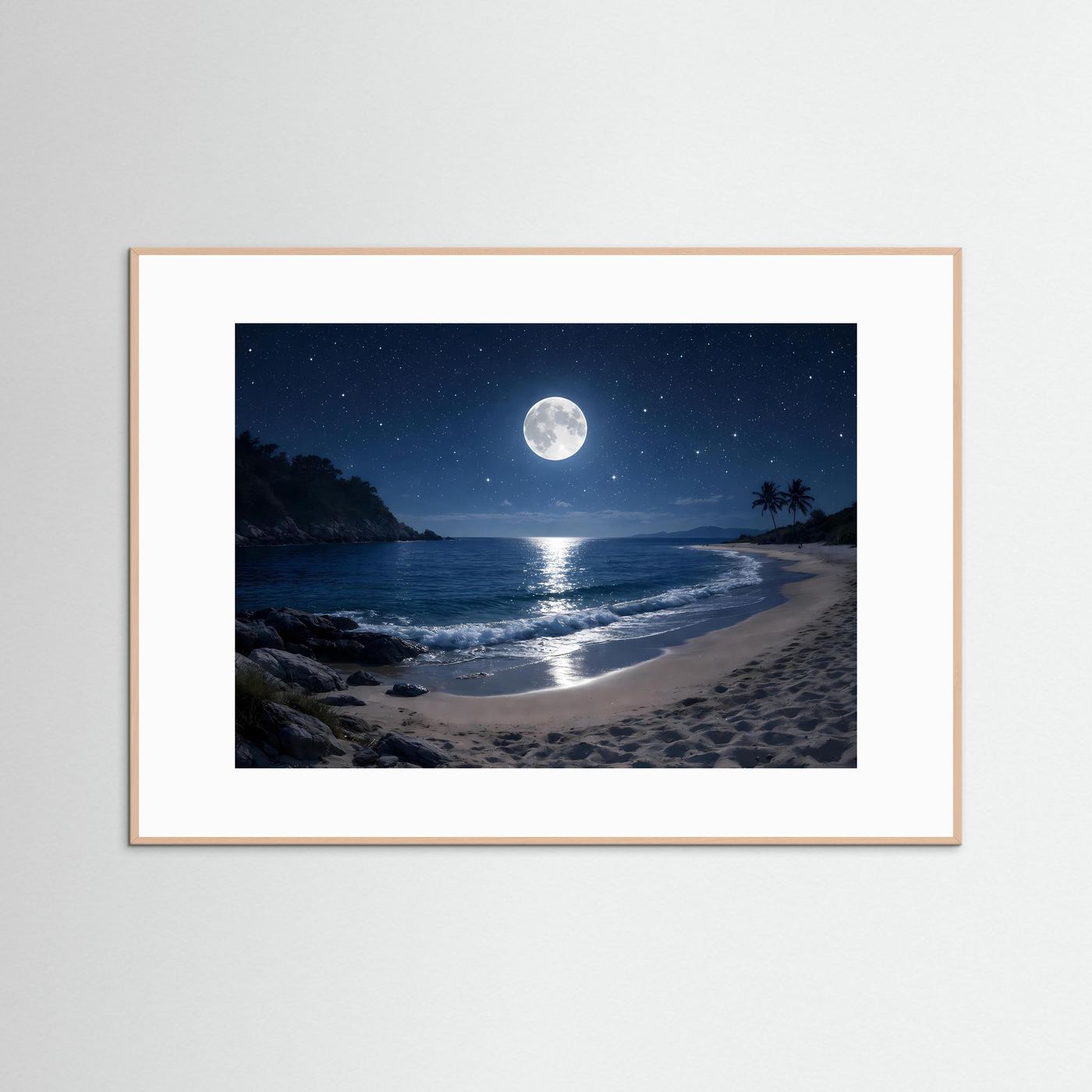 Poster Querformat mit hellem Rahmen: Mond über Sandstrand, nächtlicher Himmel