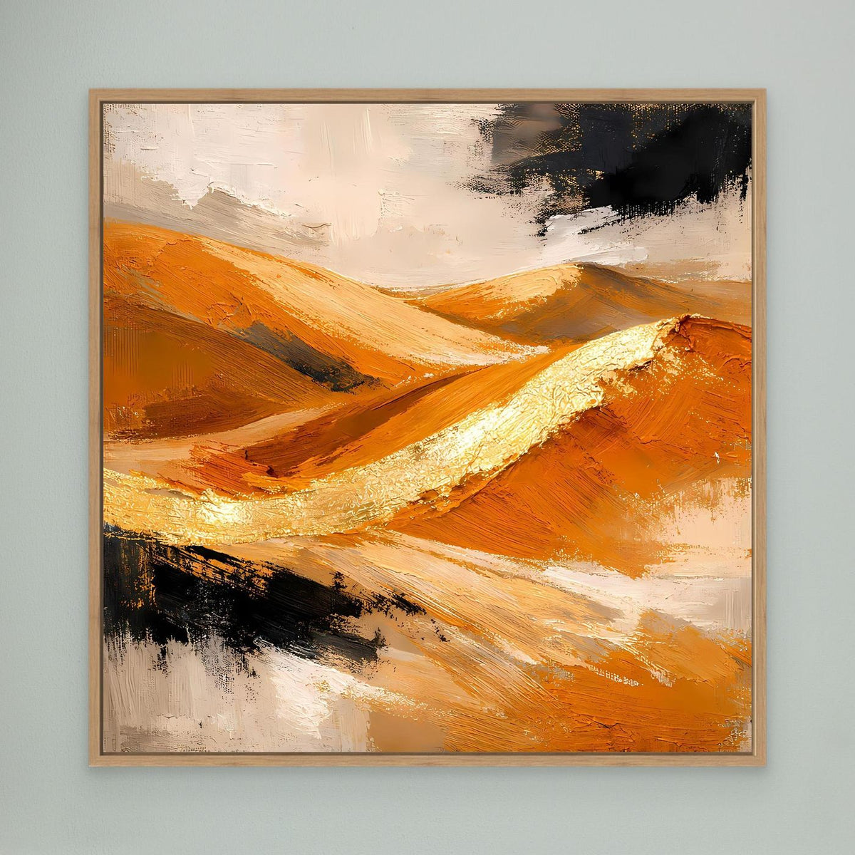 Eichenrahmen-Leinwand-Wandbild mit abstrakten Dünen in Gold, Orange und hellen Strichen