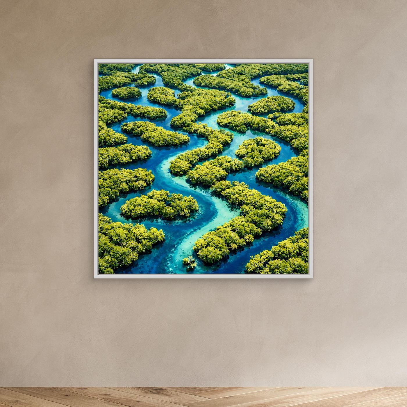 Quadratisches Leinwandbild Wasserlabyrinth mit weißem Rahmen: türkisblauer Fluss