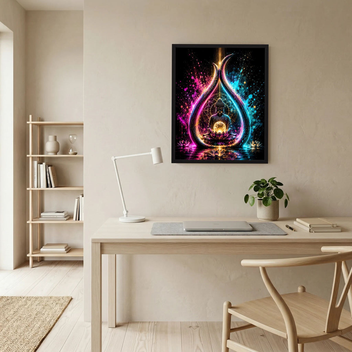 Meditierender Buddha auf Lotus mit leuchtender Energiekugel, Neonlicht-Poster im schwarzen Rahmen.