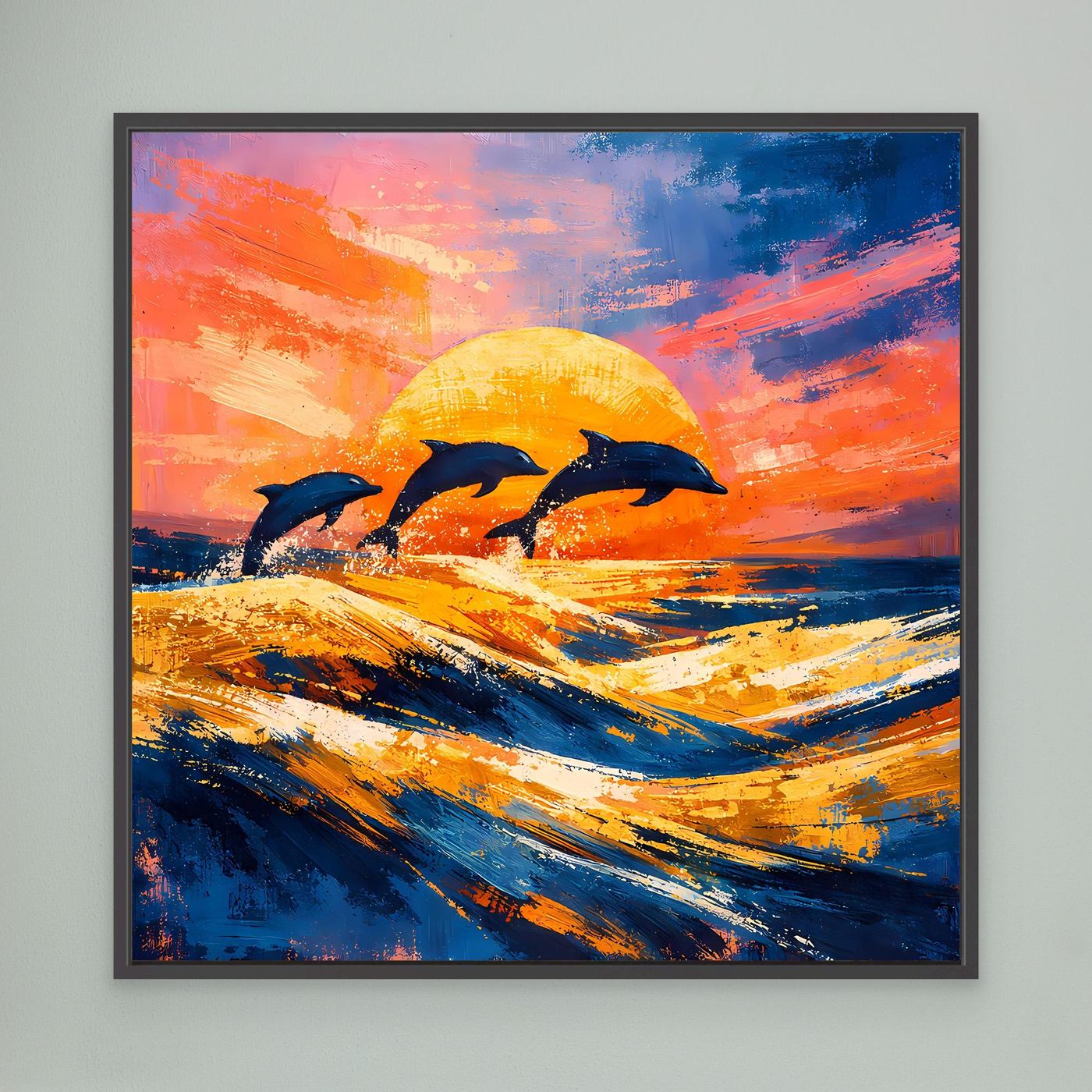Leinwand Springende Delphine im Sonnenuntergang | Abstraktes Ozean & Meer Wandbild