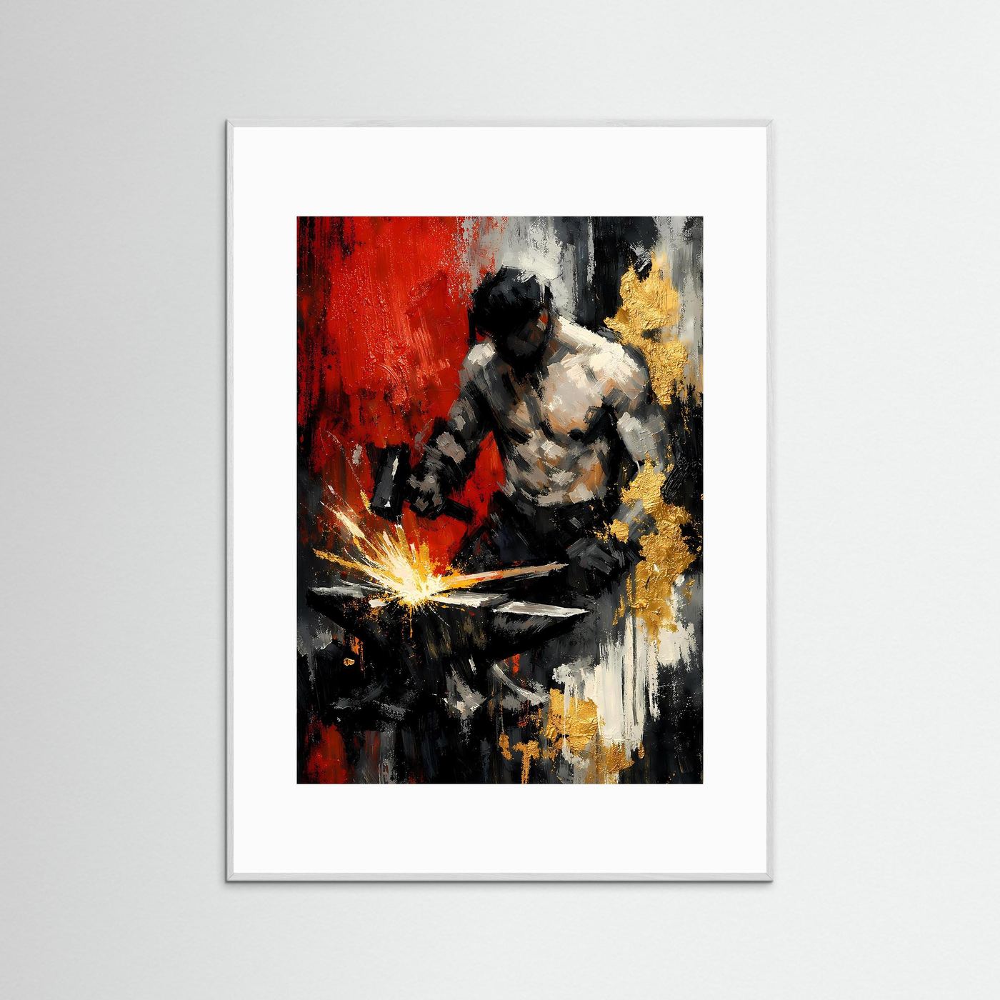 Kunstposter mit abstraktem Figurenportrait, Funkenstrahl und Flamme in Rot, Gold und Dunkelgrau