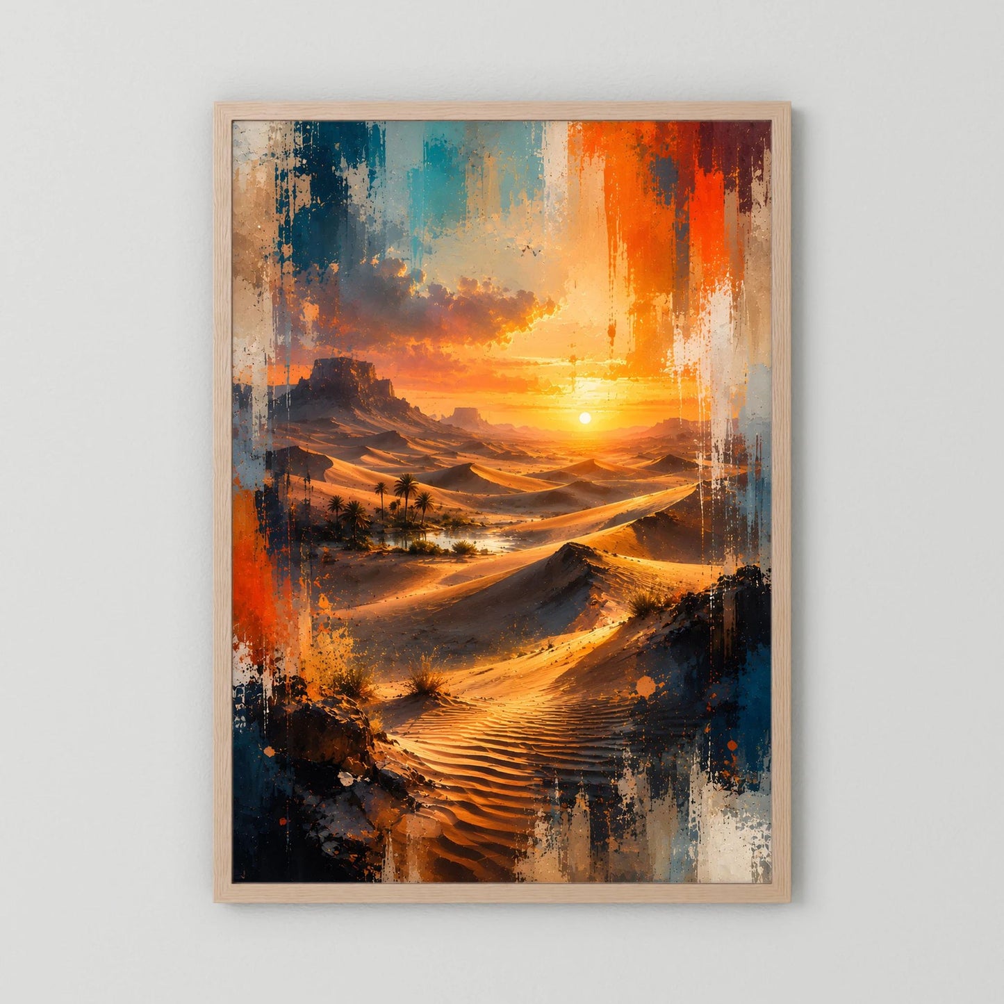 Hochformat-Poster mit Holzrahmen: abstrakte Oase in Orange, Blau und Sonnengelb
