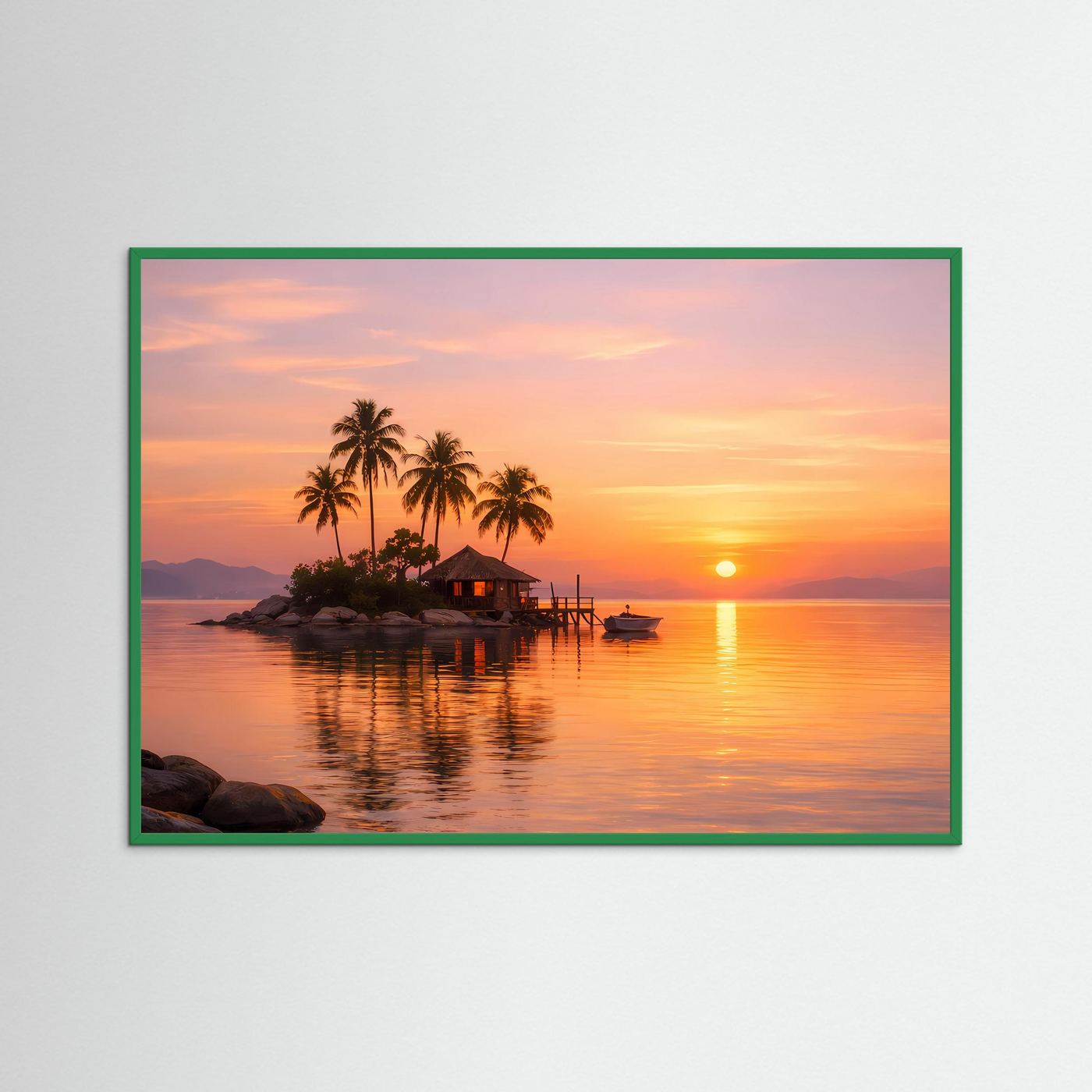 Wandbild mit tropischer Insel im Sonnenuntergang, grüner Rahmen